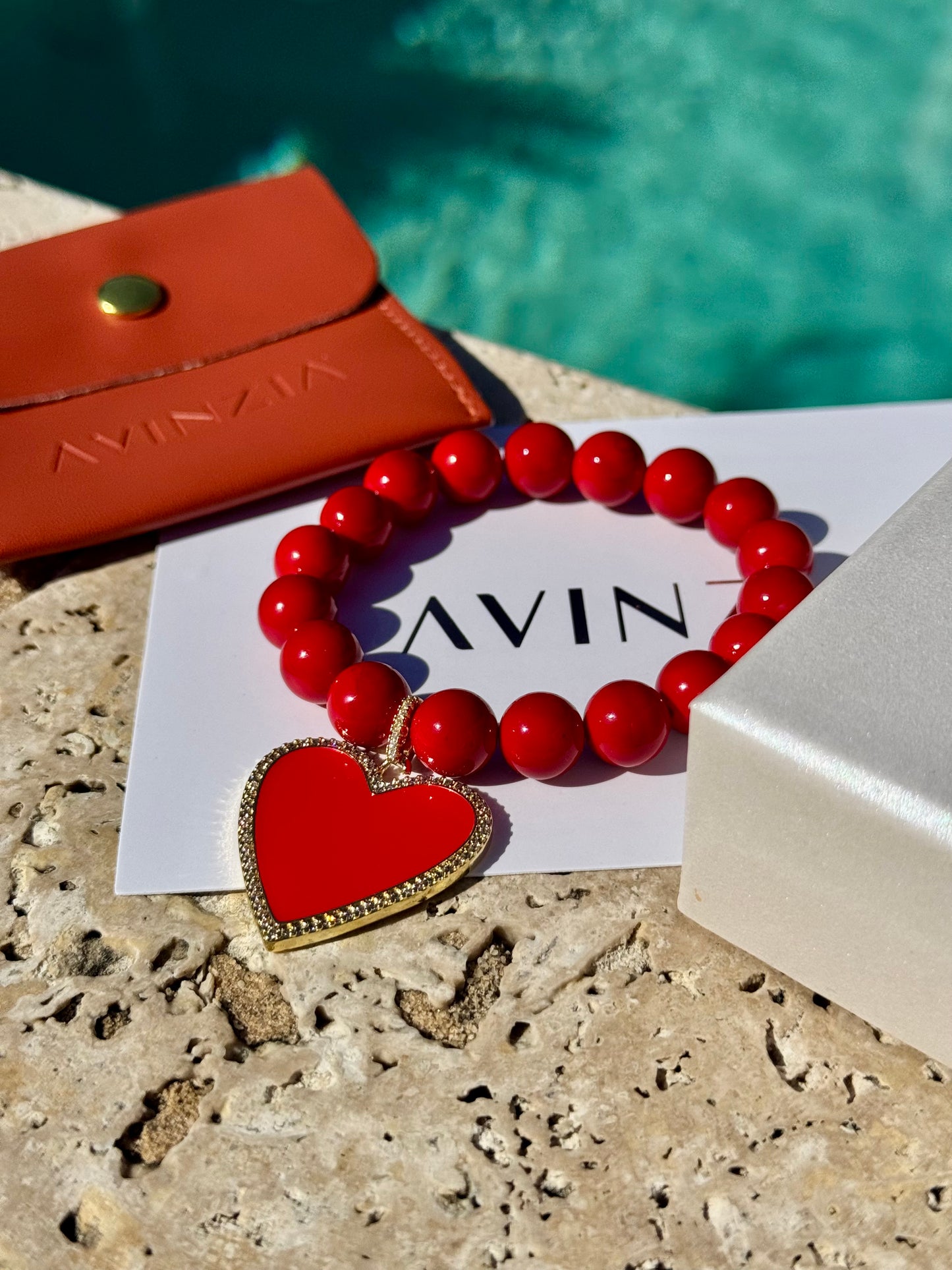 Red Jade with Pavé Heart Charm Bracelet