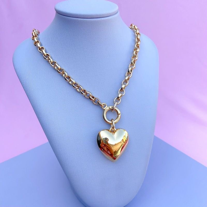 Gold Puff Heart Necklace | Heart Necklace, Puffy Heart Necklace, Puffed Heart Pendant, Chunky Heart Pendant, Front Clasp Charm Holder