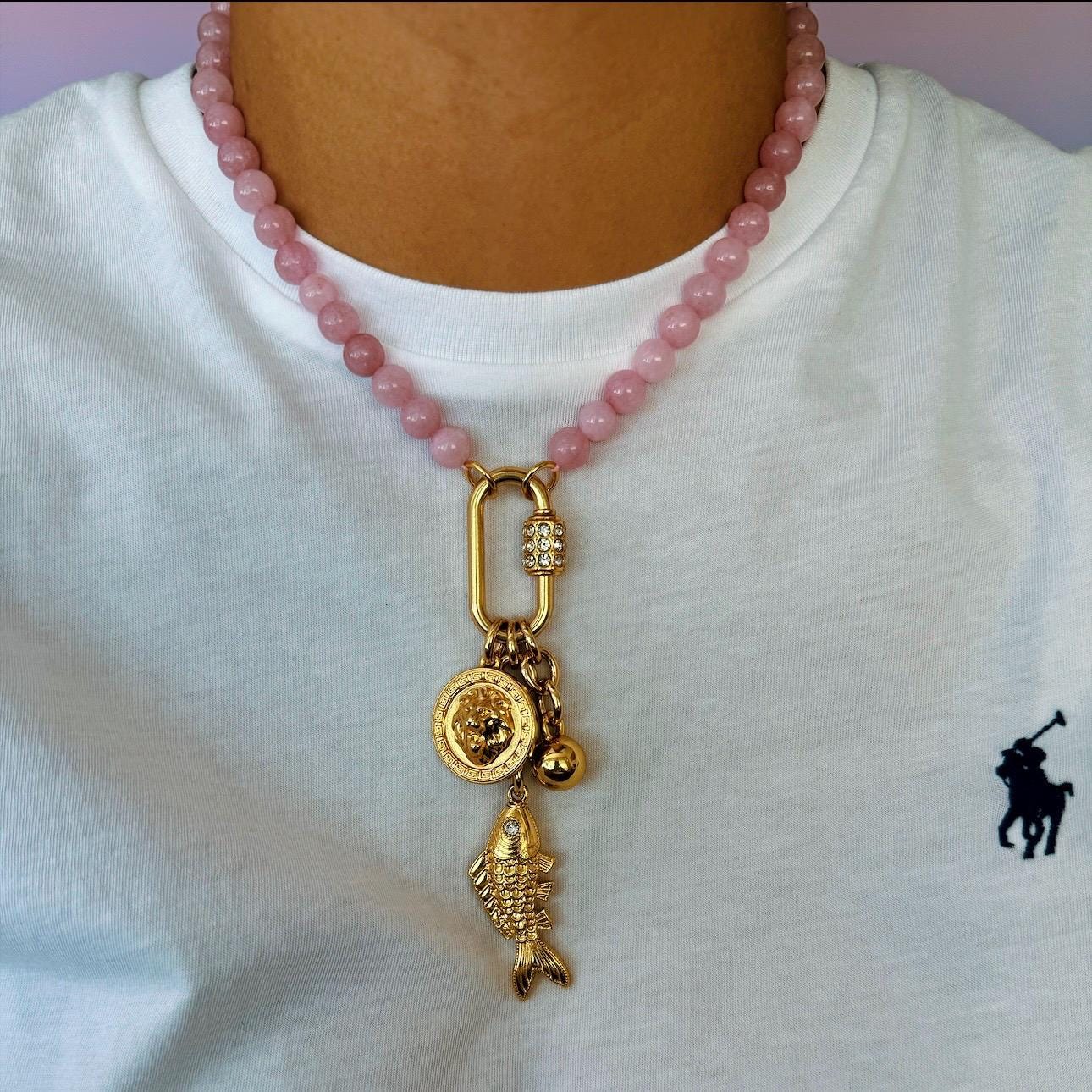 Gemstone Charms Necklace | Lion Y Lariat Necklace | Carabiner Fish Charm Necklace | Lariat Necklace | Charms necklace | Gift for Mom