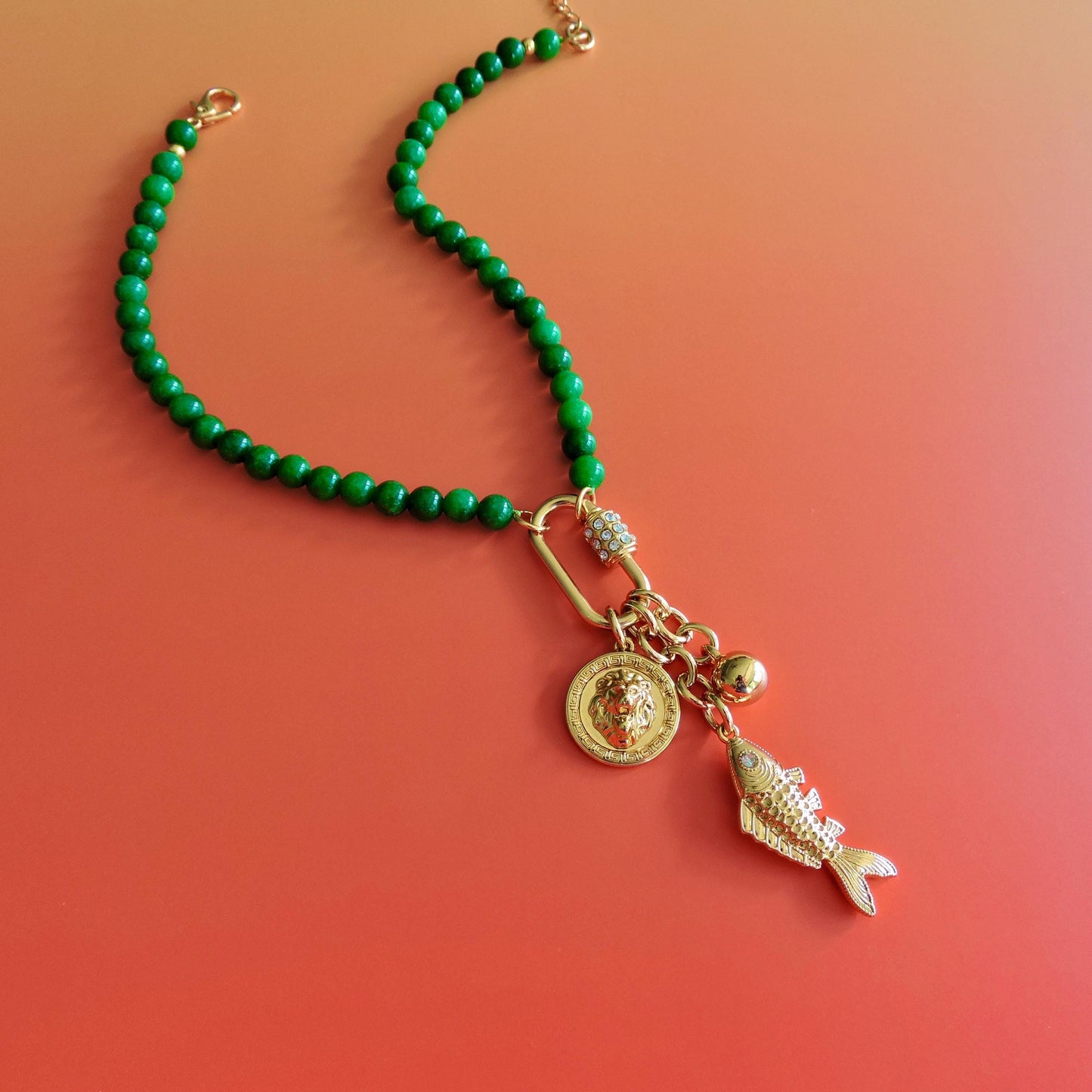 Gemstone Charms Necklace | Lion Y Lariat Necklace | Carabiner Fish Charm Necklace | Lariat Necklace | Charms necklace | Gift for Mom