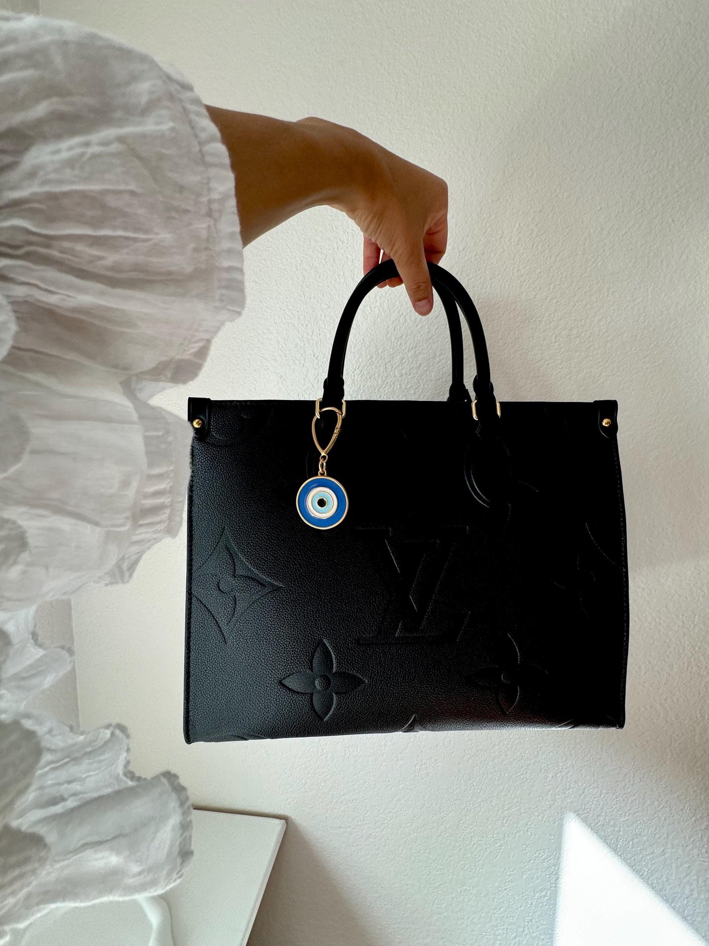 Evil Eye Bag Charm | Gold Medallion Keychain | Clover Purse Charm | Sacred Heart Keychain Holder