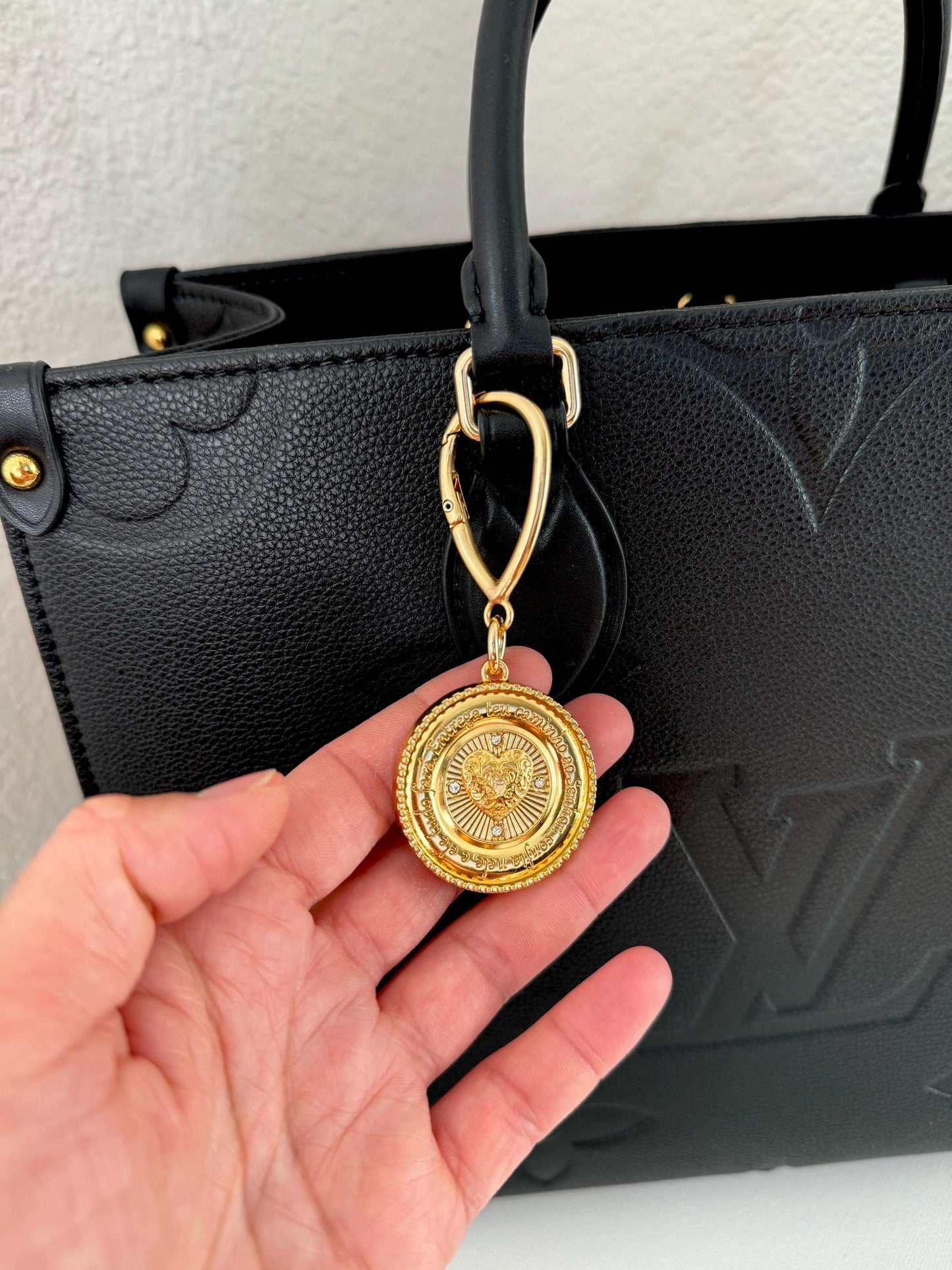 Evil Eye Bag Charm | Gold Medallion Keychain | Clover Purse Charm | Sacred Heart Keychain Holder