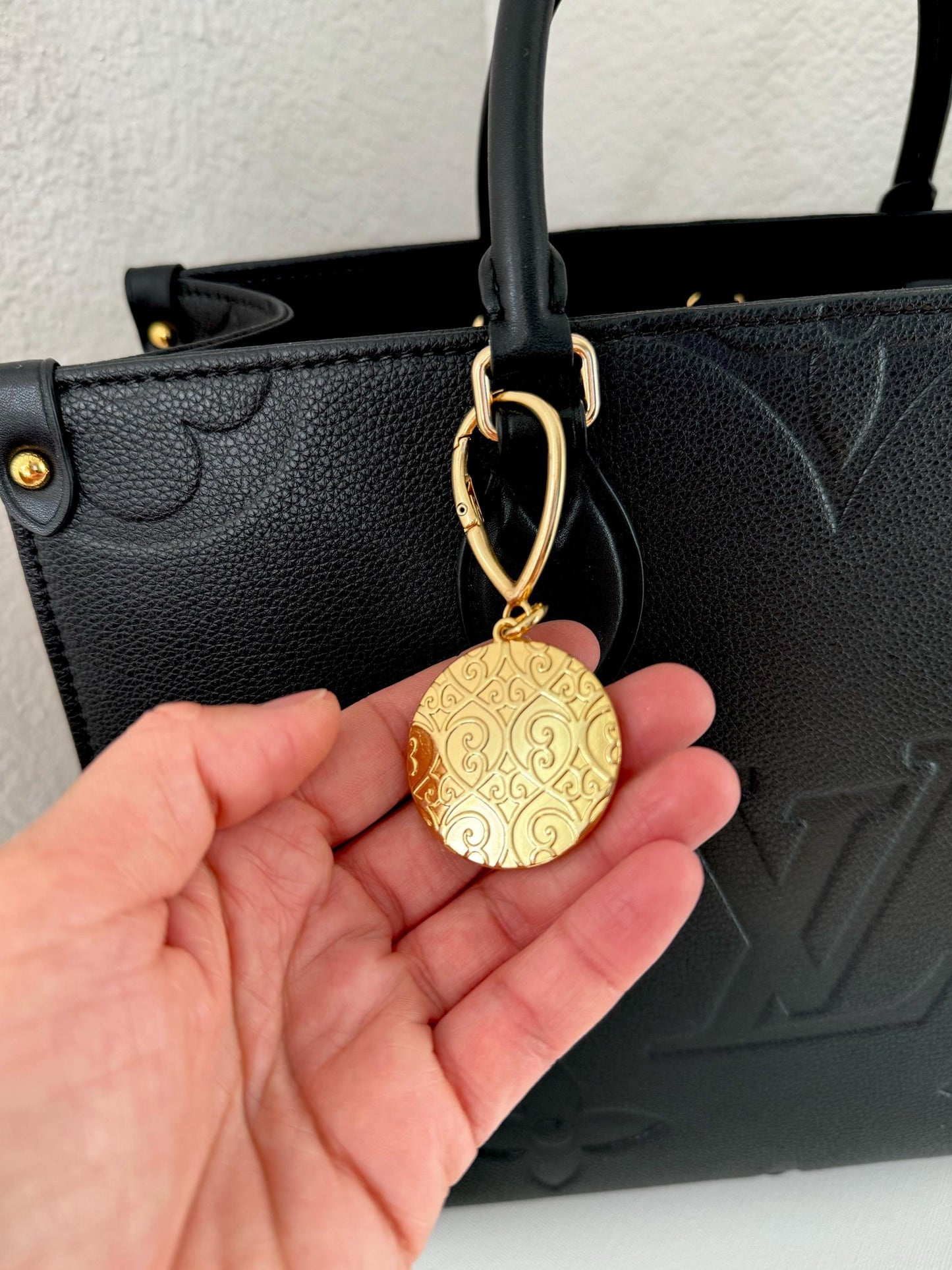 Evil Eye Bag Charm | Gold Medallion Keychain | Clover Purse Charm | Sacred Heart Keychain Holder