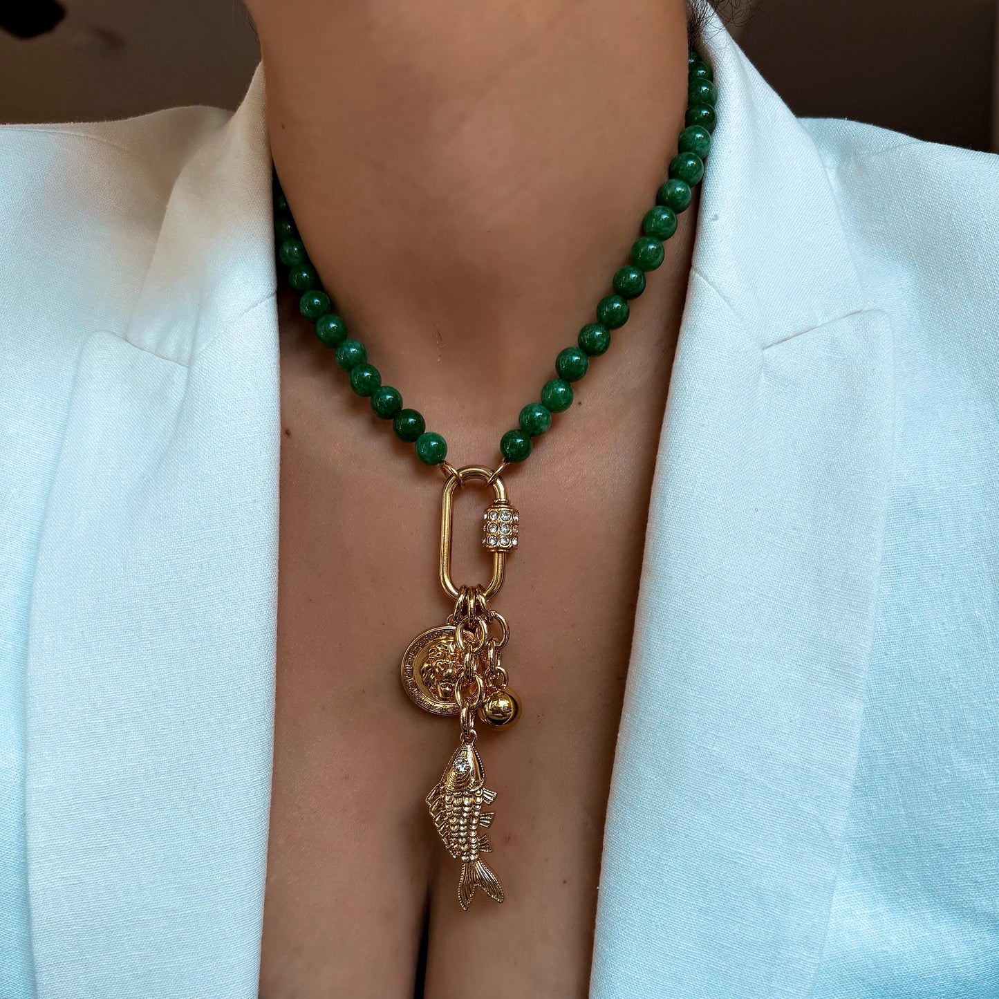 Gemstone Charms Necklace | Lion Y Lariat Necklace | Carabiner Fish Charm Necklace | Lariat Necklace | Charms necklace | Gift for Mom