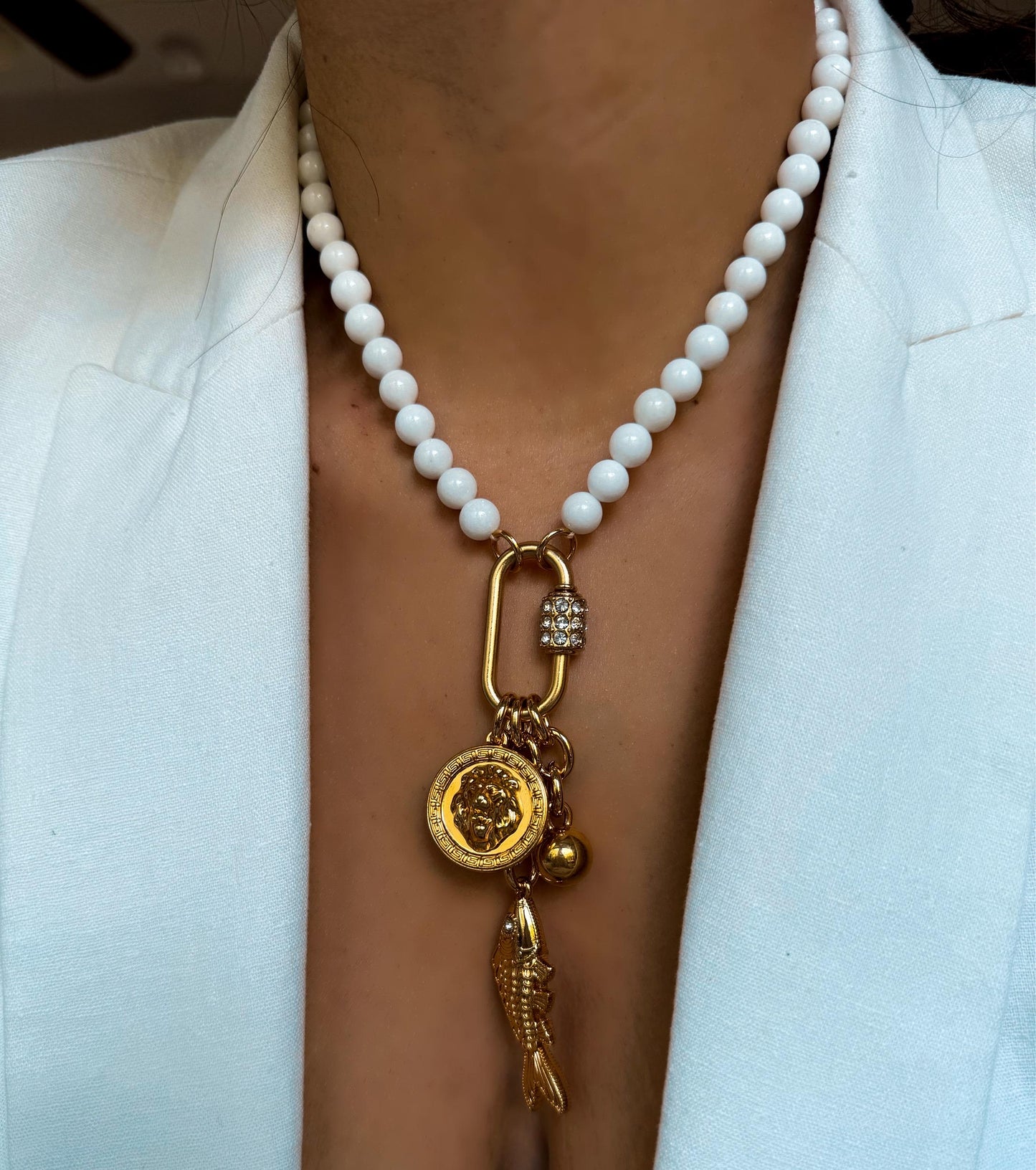 Gemstone Charms Necklace | Lion Y Lariat Necklace | Carabiner Fish Charm Necklace | Lariat Necklace | Charms necklace | Gift for Mom