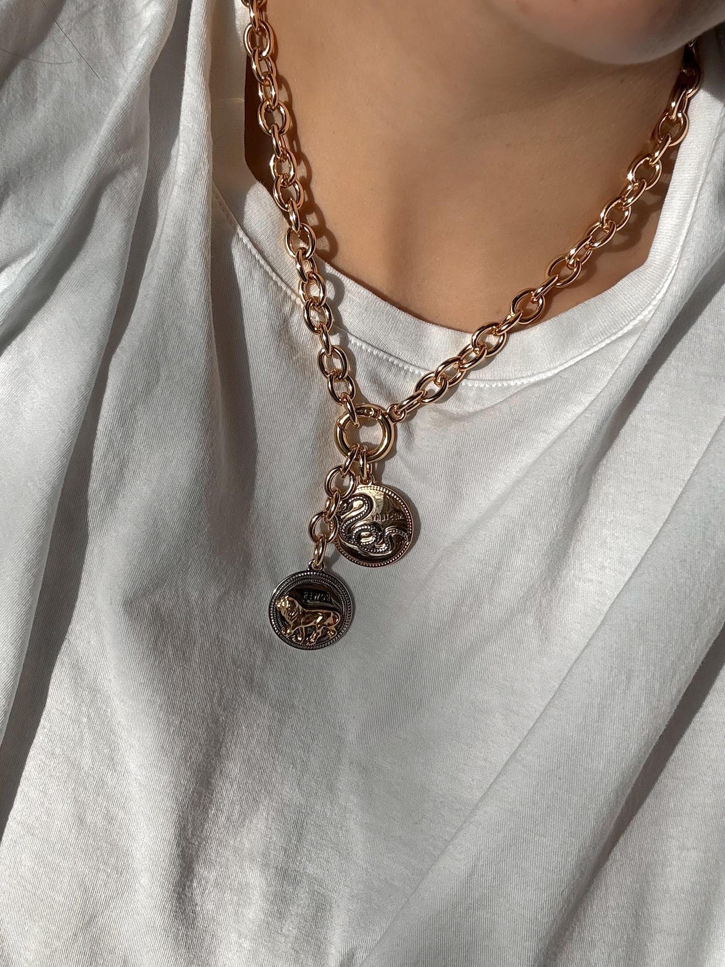 Mixed Metals Necklace | Snake and Lion Necklace | Oversized Chunky Rolo Chain Necklace | Charm Necklace | Convertible Necklace Gift for her