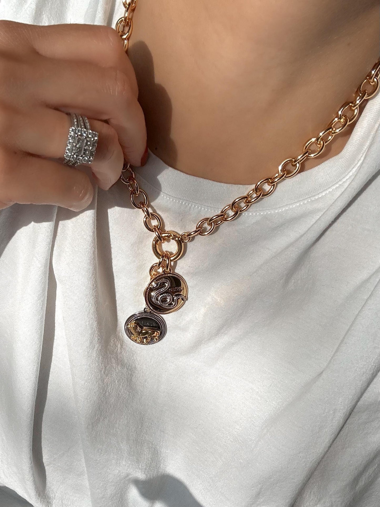Mixed Metals Necklace | Snake and Lion Necklace | Oversized Chunky Rolo Chain Necklace | Charm Necklace | Convertible Necklace Gift for her