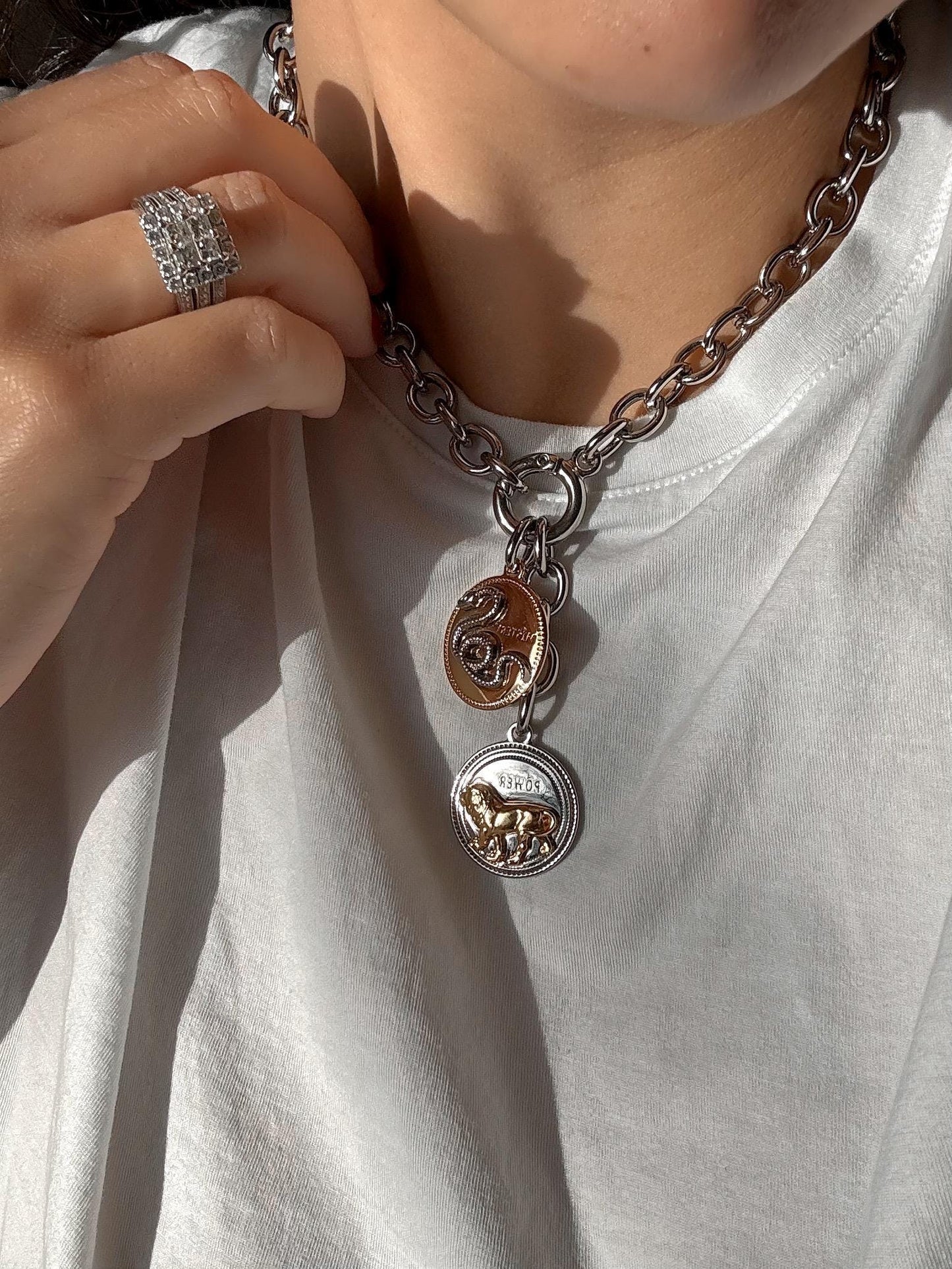 Mixed Metals Necklace | Snake and Lion Necklace | Oversized Chunky Rolo Chain Necklace | Charm Necklace | Convertible Necklace Gift for her