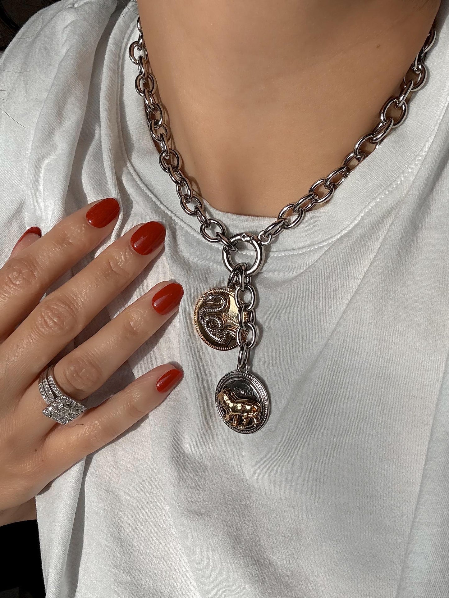 Mixed Metals Necklace | Snake and Lion Necklace | Oversized Chunky Rolo Chain Necklace | Charm Necklace | Convertible Necklace Gift for her