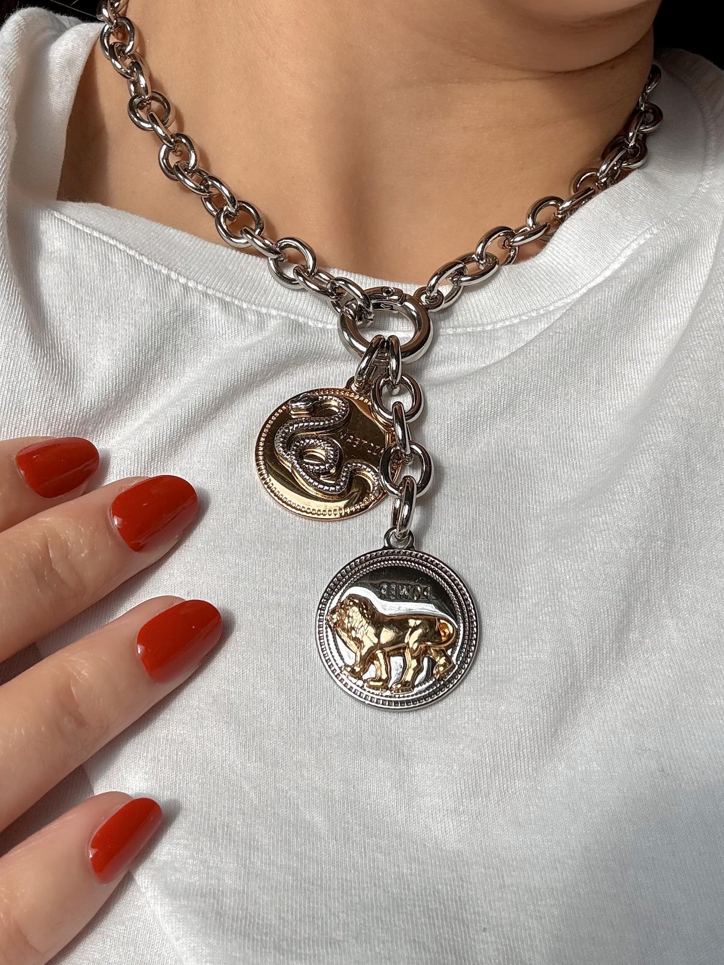 Mixed Metals Necklace | Snake and Lion Necklace | Oversized Chunky Rolo Chain Necklace | Charm Necklace | Convertible Necklace Gift for her