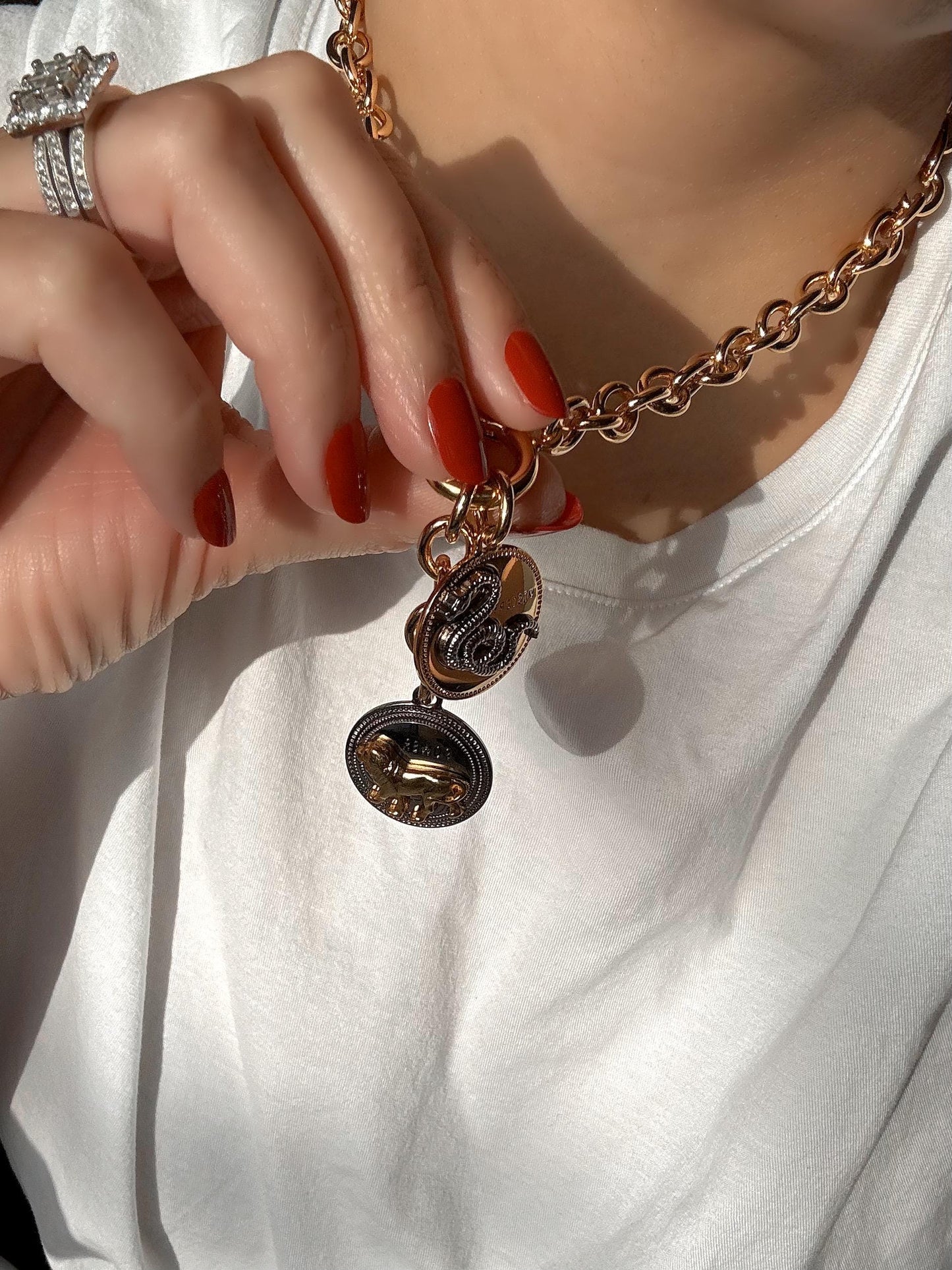 Mixed Metals Necklace | Snake and Lion Necklace | Oversized Chunky Rolo Chain Necklace | Charm Necklace | Convertible Necklace Gift for her