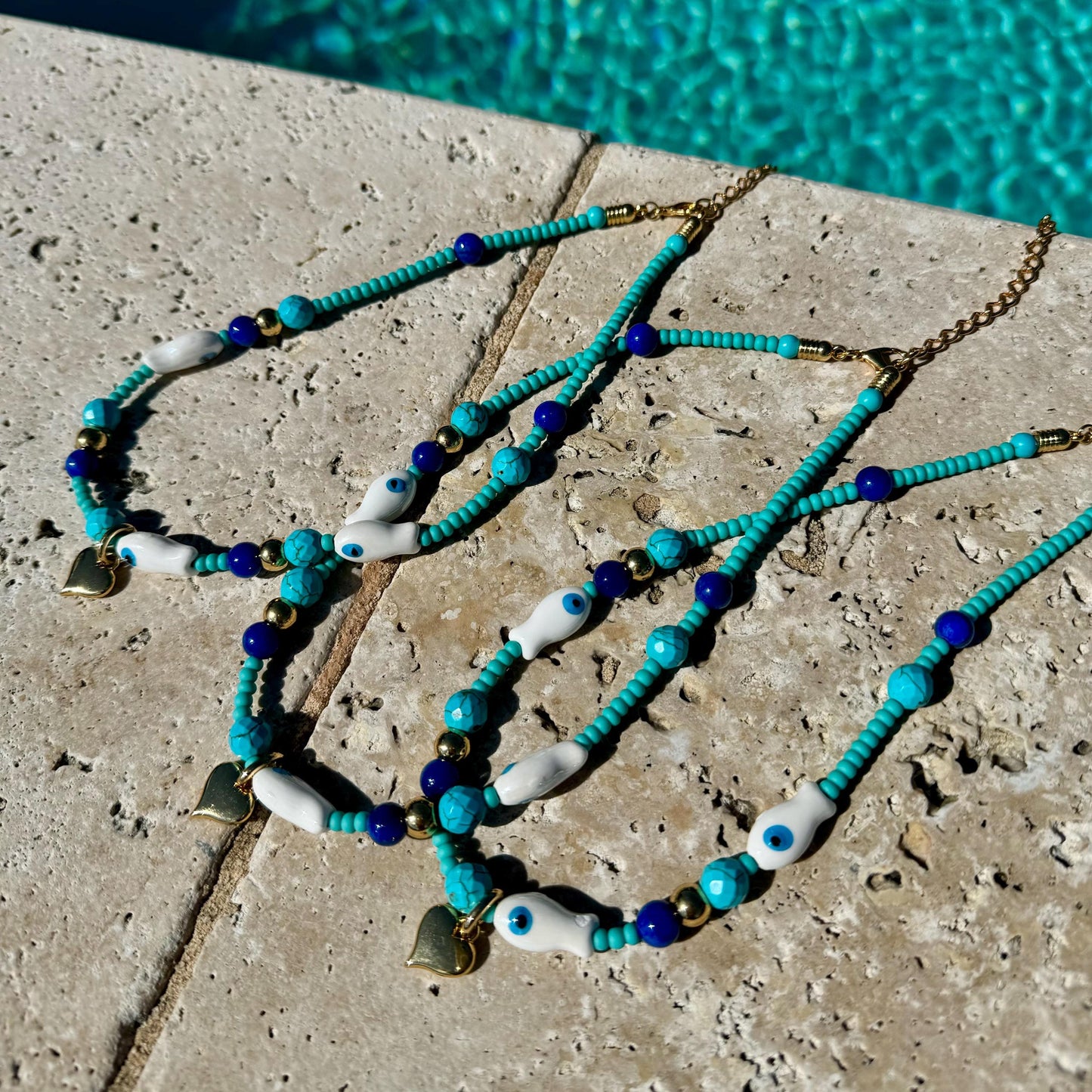 Santorini Necklace | Boho Beaded Fish Necklace | Heart and Fish Nekclace | Summer Jewelry for Her | Turquoise Beads Necklace