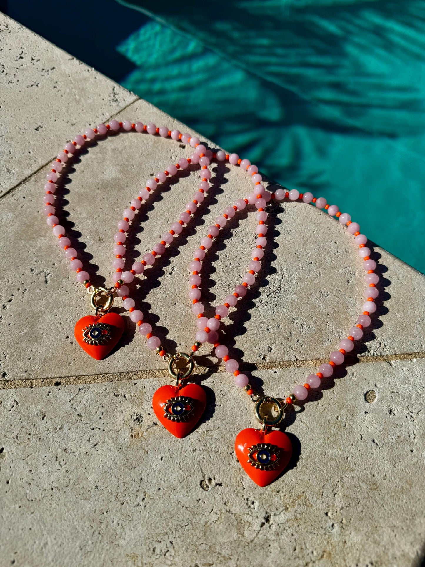 Kunzite Beaded Necklace with Orange Evil Eye Heart Charm | Colorful Beaded Summer Necklace | Convertible Necklace | Custom Charm Necklace
