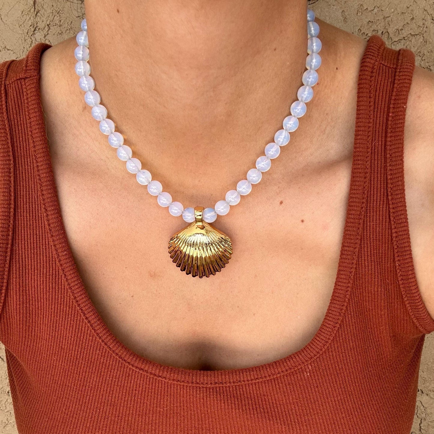 Opalite Mermaid Necklace | Orange Coral Jade Beaded Necklace | Large Gold Shell Charm | Gift for Mom | Fashion Jewelry | Gift for Her