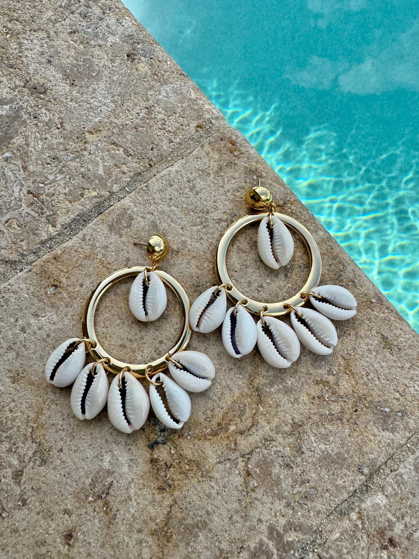 Cowrie Shell Earrings | Gold Hoop Chandelier Earrings | Seashell Bohemian | Summer Earrings for Women