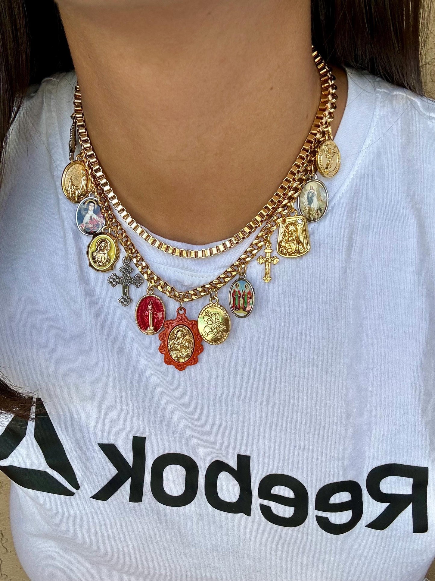 Saints Necklace | Antique Religious Charms Necklace | Catholic Necklace | St George Holly Spirit Virgin Mary Jesus Cross