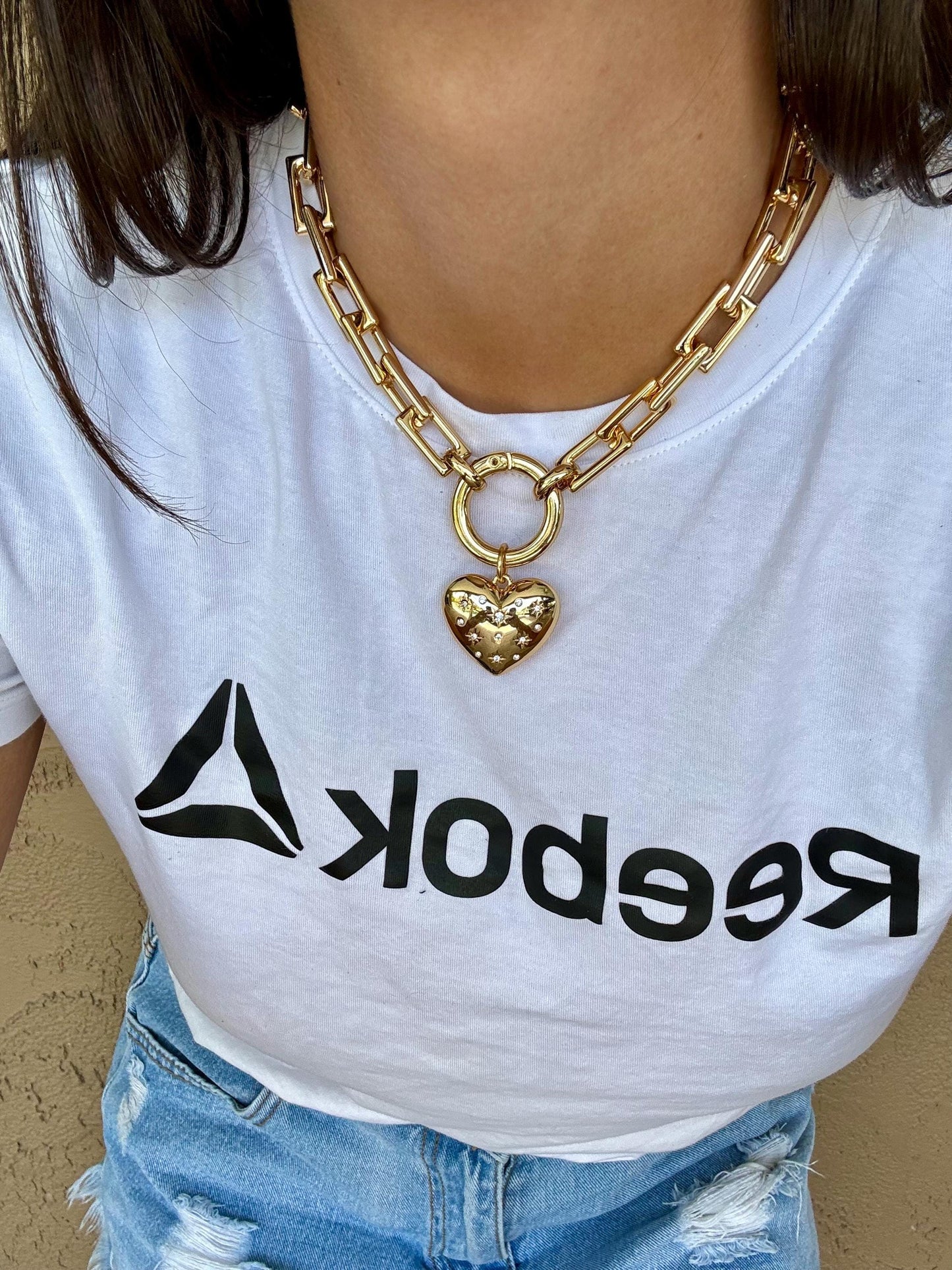 Starbust Puffy Heart Necklace | Thick Gold Chain Necklace with Love Heart Charm | Chunky Statement Necklace | Chunky Jewelry