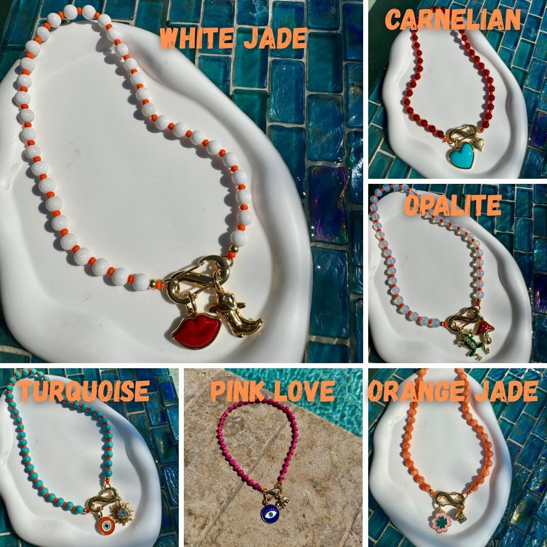 Gift for Mom | Carabiner Charms Necklace | Gemstone Carabiner Clasp Necklace | Colorful Beaded Summer Necklace | Gift for Her Personalized