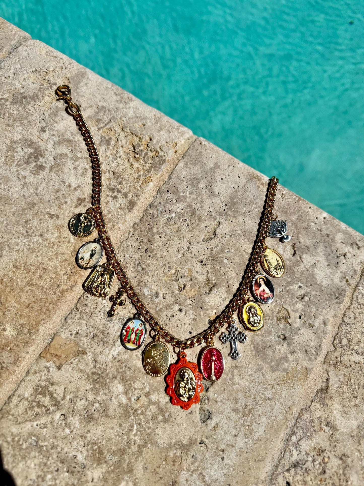 Saints Necklace | Antique Religious Charms Necklace | Catholic Necklace | St George Holly Spirit Virgin Mary Jesus Cross