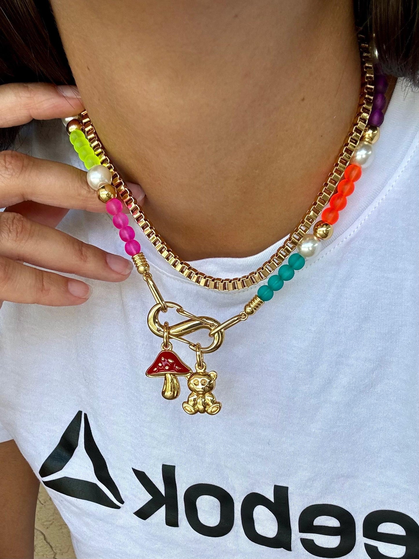 Baby Bear and Mushroom Necklace | Gold Choker Chain Necklace | Venetian Chain for Women | Simple Choker for Layering