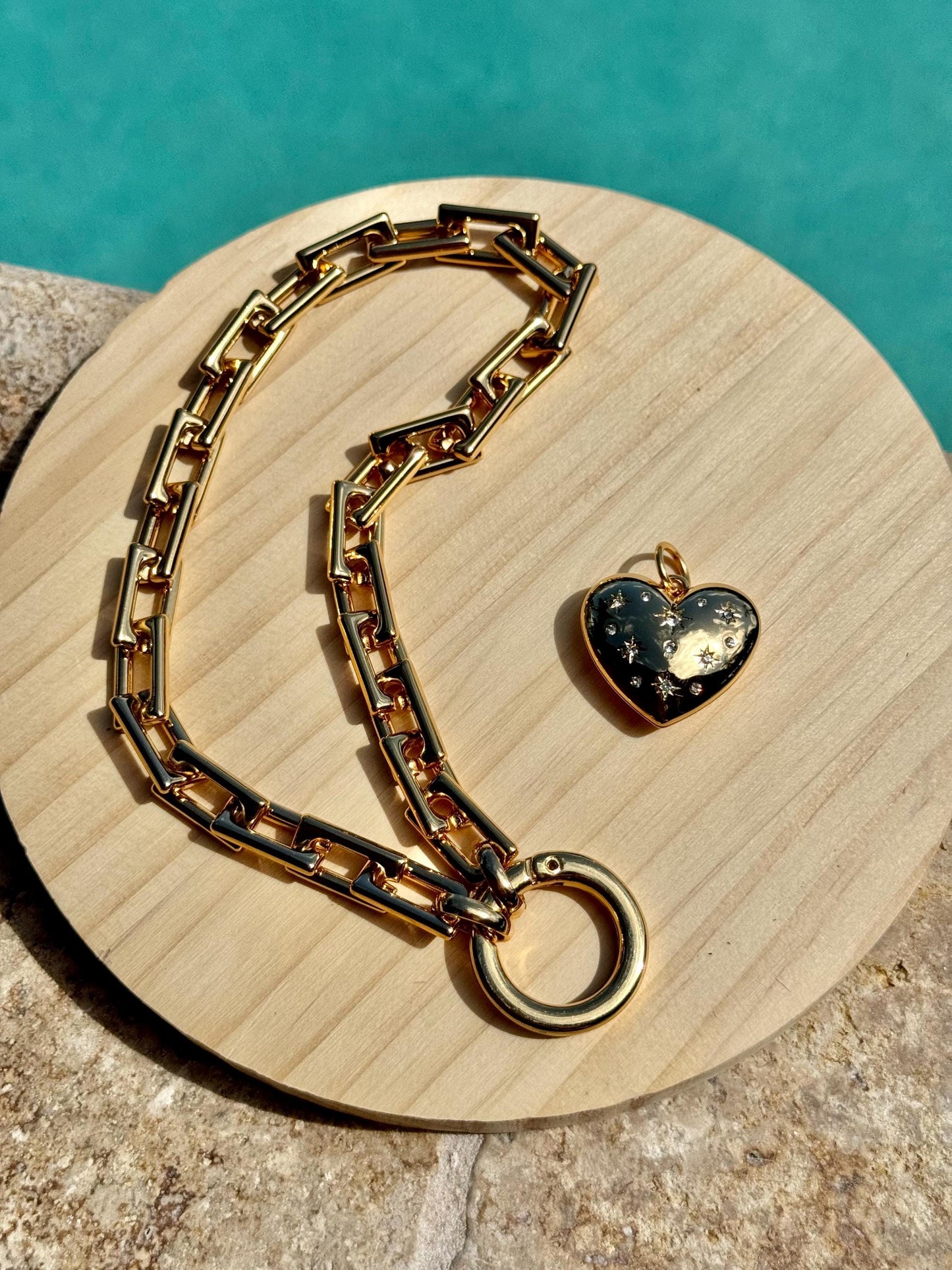 Starbust Puffy Heart Necklace | Thick Gold Chain Necklace with Love Heart Charm | Chunky Statement Necklace | Chunky Jewelry