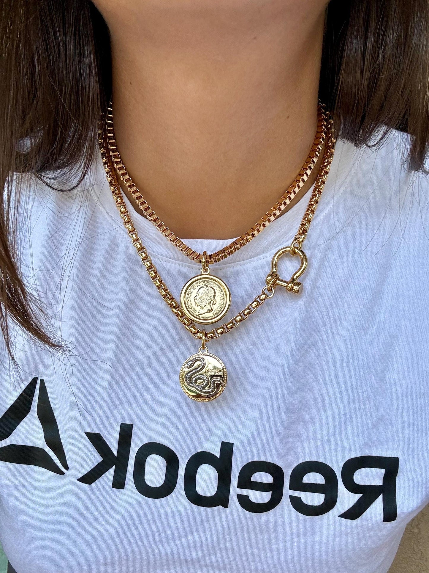 2 Gold Coin Necklaces Set | to Gift for Mom | Gold Horseshoe Shackle Clasp Necklace | Snake Charm Necklace | Boxchain Necklace with Coin