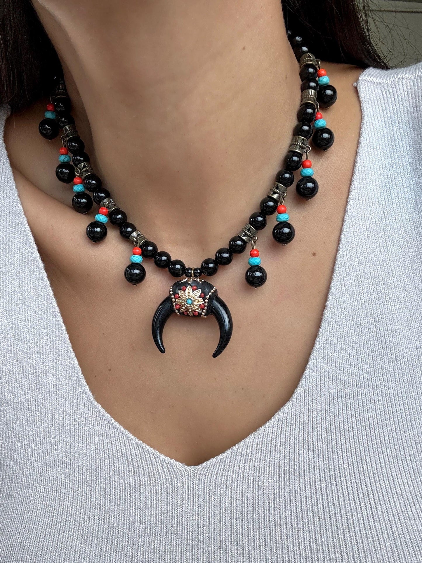Black Crescent Moon Necklace | Double Horn Necklace | Black Obsidian Beaded Necklace | Bohemian Necklace
