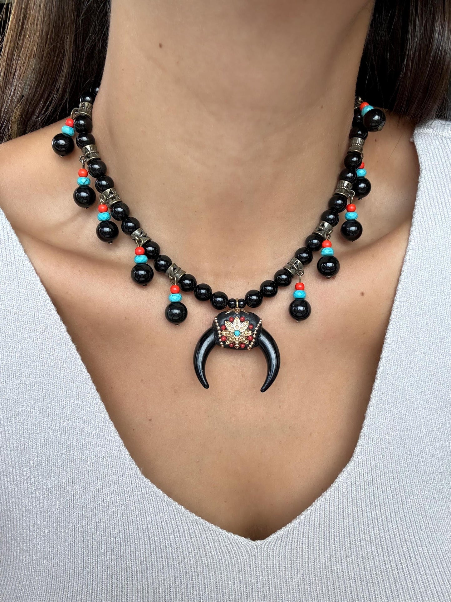Black Crescent Moon Necklace | Double Horn Necklace | Black Obsidian Beaded Necklace | Bohemian Necklace