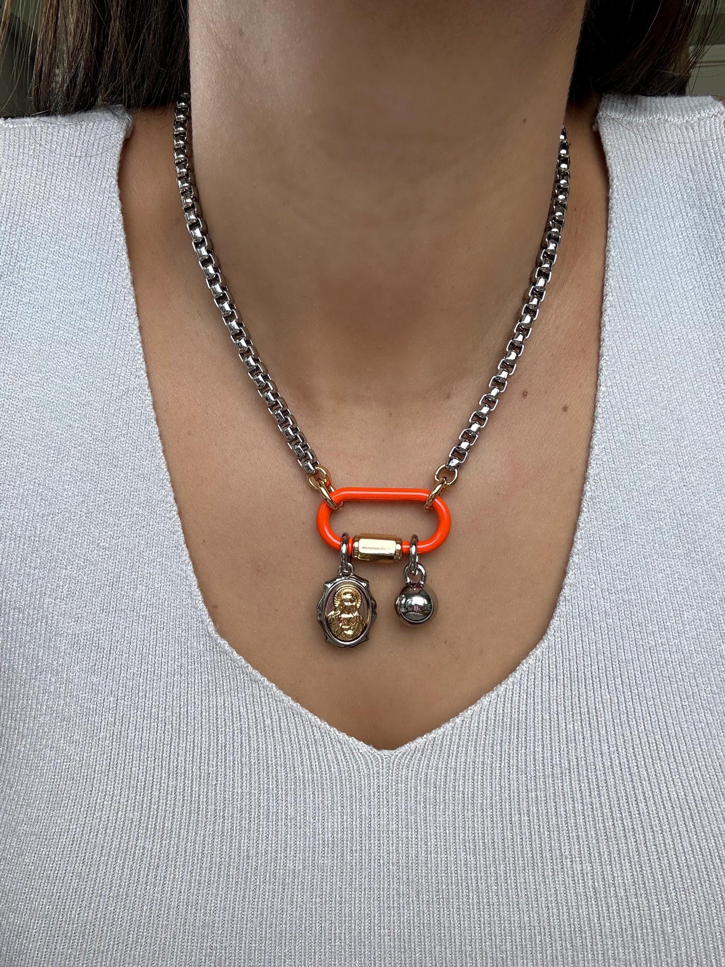 Orange Carabiner Clasp Necklace | Mixed Metals Charm Necklace | Custom Charm Necklace | Silver Boxchain Necklace