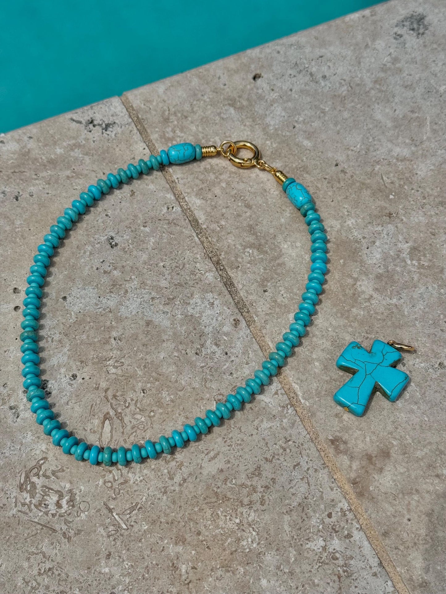18" Turquoise Cross Necklace | Beaded Necklace with Turquoise Cross | Handmade Necklace