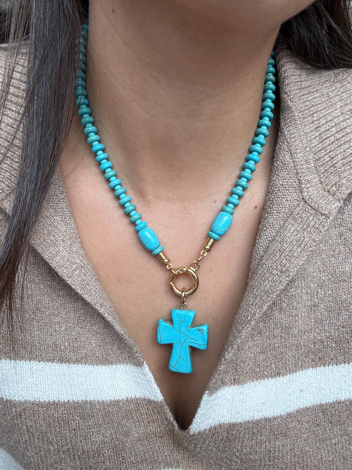 18" Turquoise Cross Necklace | Beaded Necklace with Turquoise Cross | Handmade Necklace