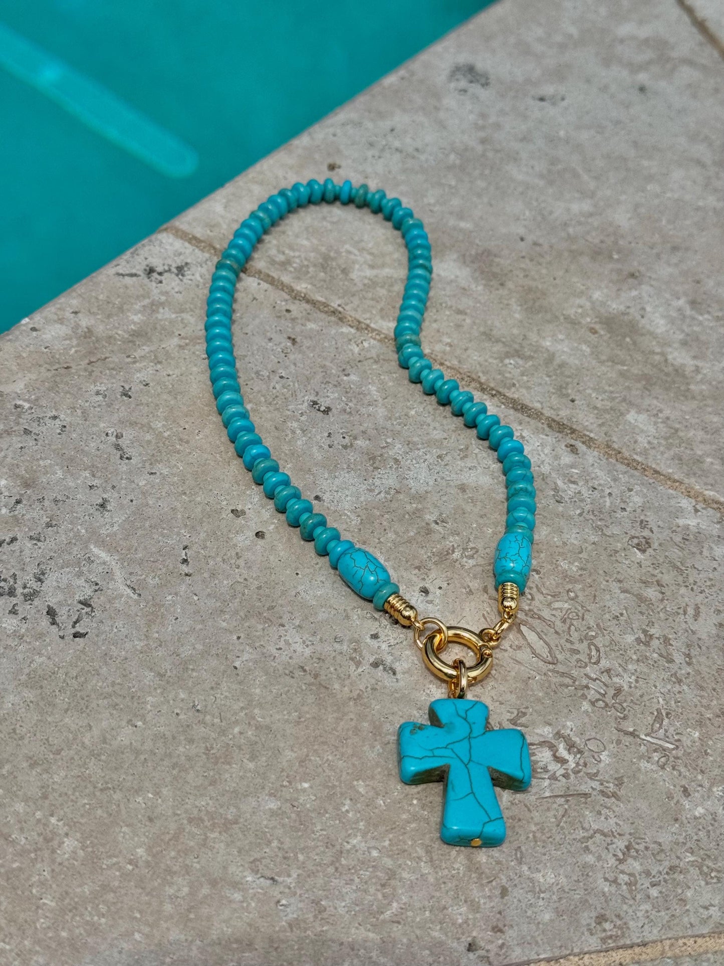 18" Turquoise Cross Necklace | Beaded Necklace with Turquoise Cross | Handmade Necklace