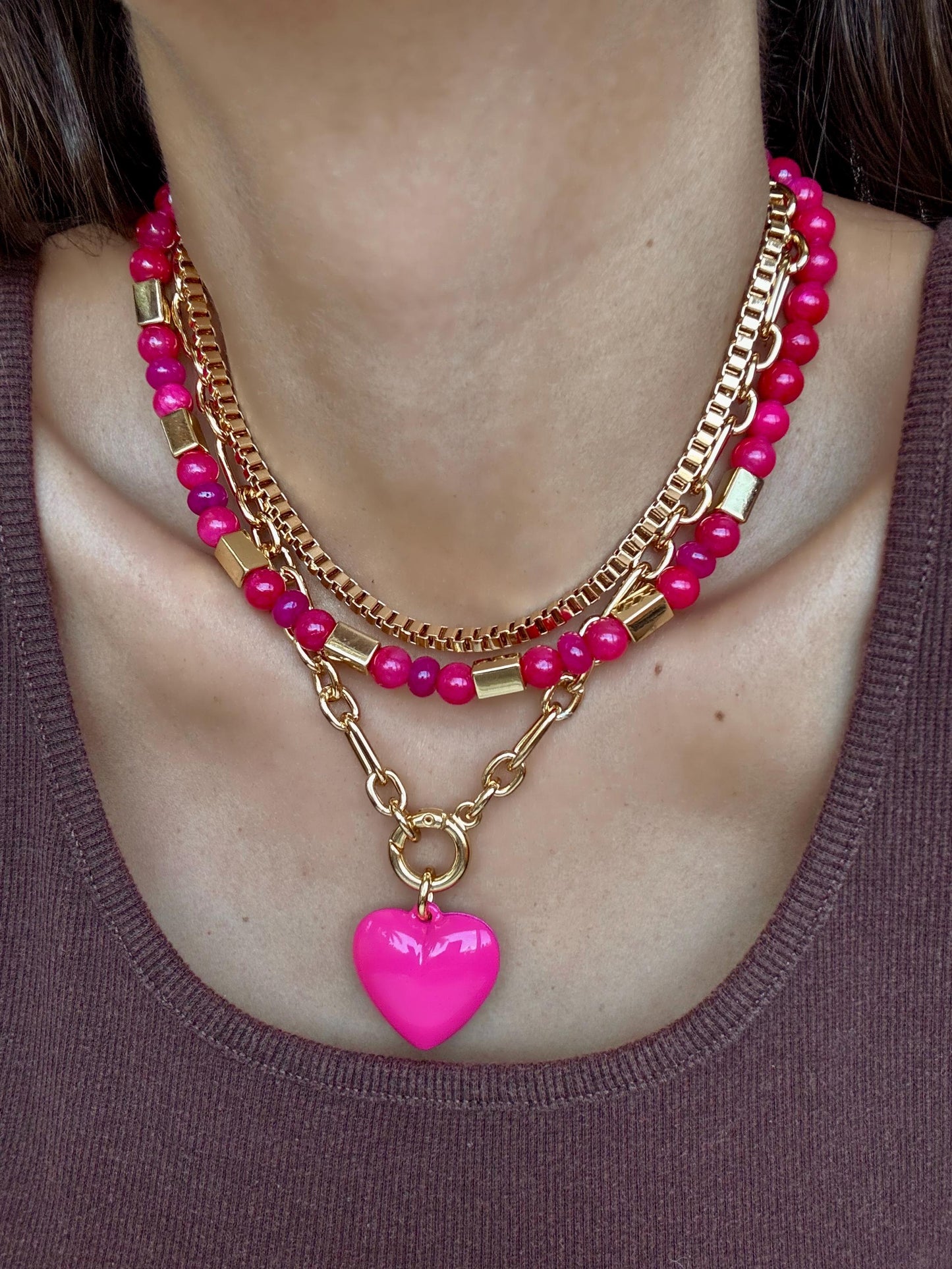 Pink Layered Necklace | Fuchsia Gemstone Necklace | Pink Puffed Heart Charm Necklace | God Boxchain Choker