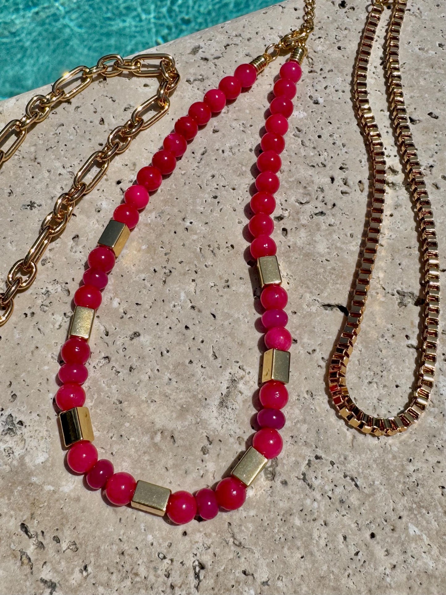 Pink Layered Necklace | Fuchsia Gemstone Necklace | Pink Puffed Heart Charm Necklace | God Boxchain Choker