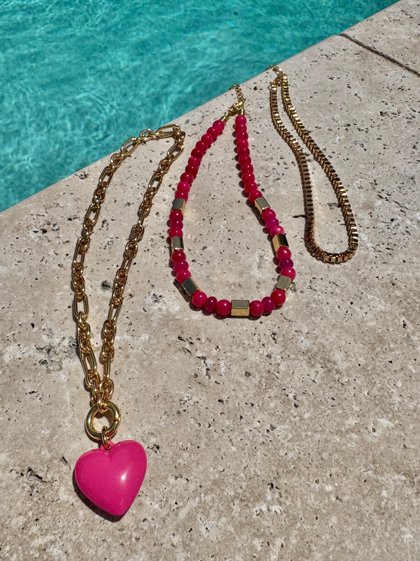 Pink Layered Necklace | Fuchsia Gemstone Necklace | Pink Puffed Heart Charm Necklace | God Boxchain Choker