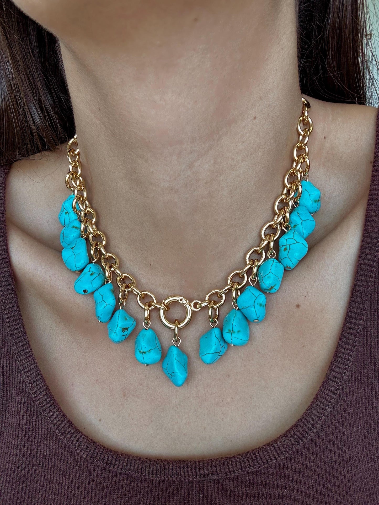 Turquoise Heart Lock Necklace | Convertible Charm Necklace | Link Chain Necklace with Turquoise Nugget Beads | Cluster Charm Necklace