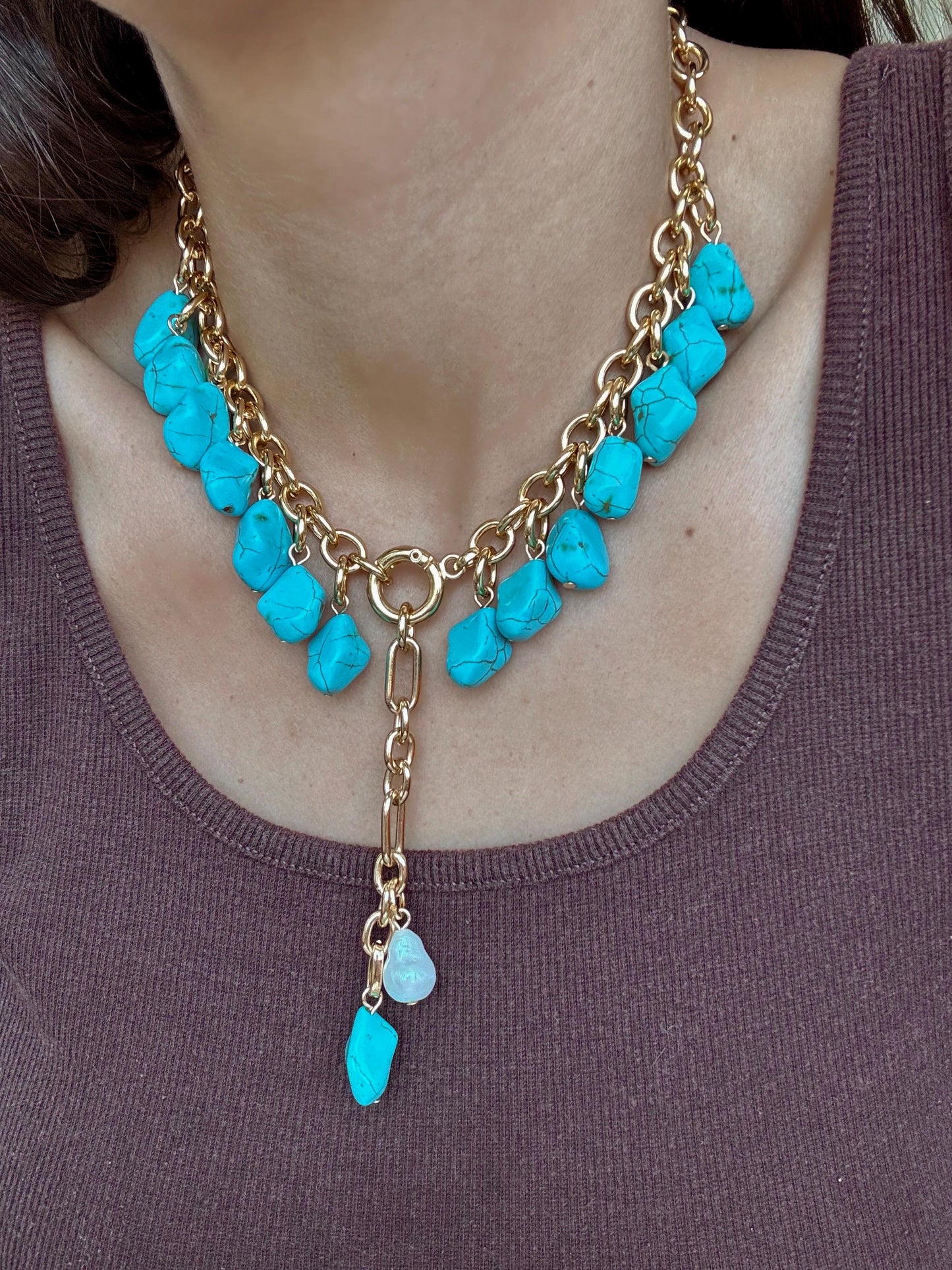 Turquoise Heart Lock Necklace | Convertible Charm Necklace | Link Chain Necklace with Turquoise Nugget Beads | Cluster Charm Necklace