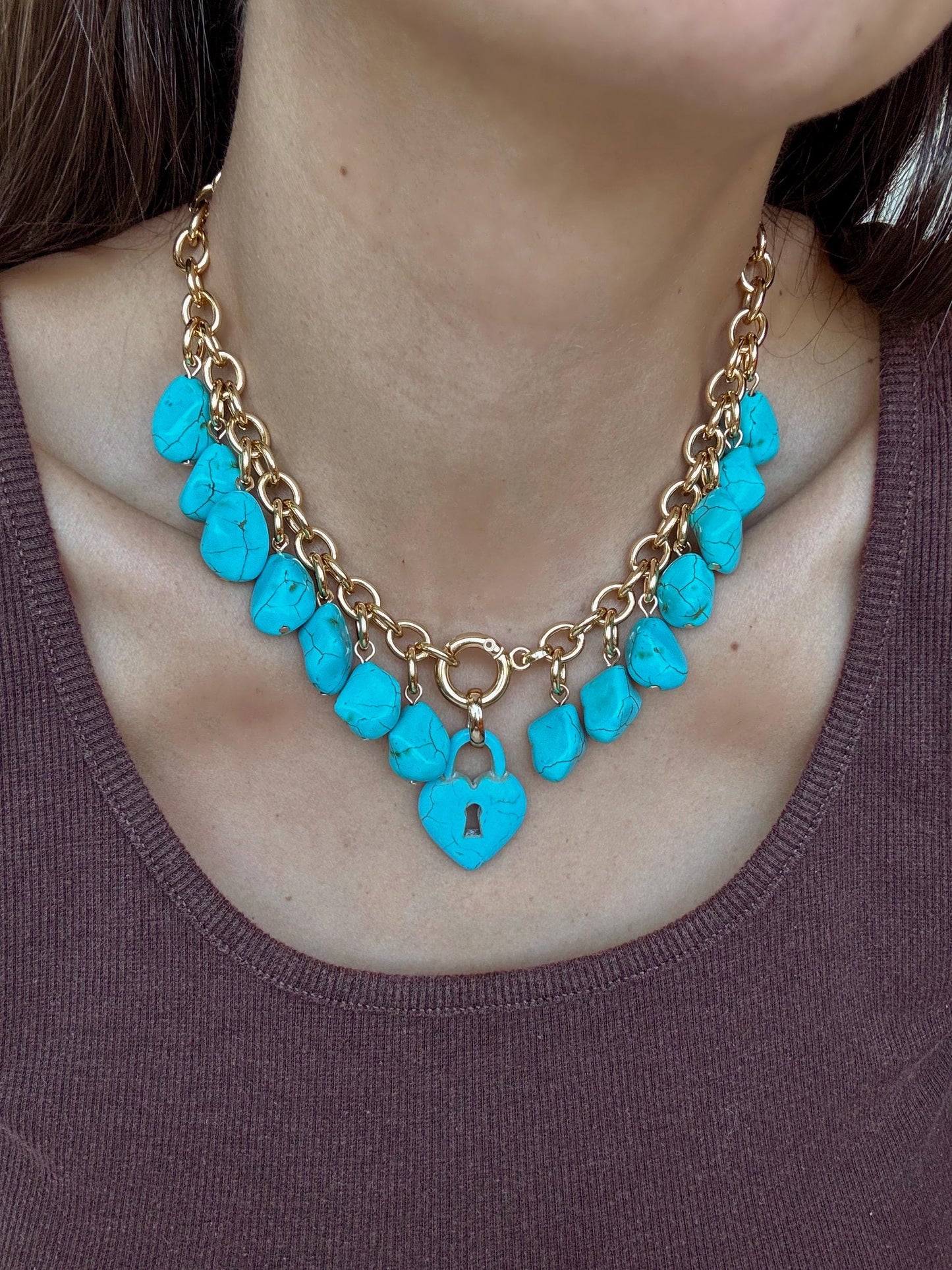 Turquoise Heart Lock Necklace | Convertible Charm Necklace | Link Chain Necklace with Turquoise Nugget Beads | Cluster Charm Necklace