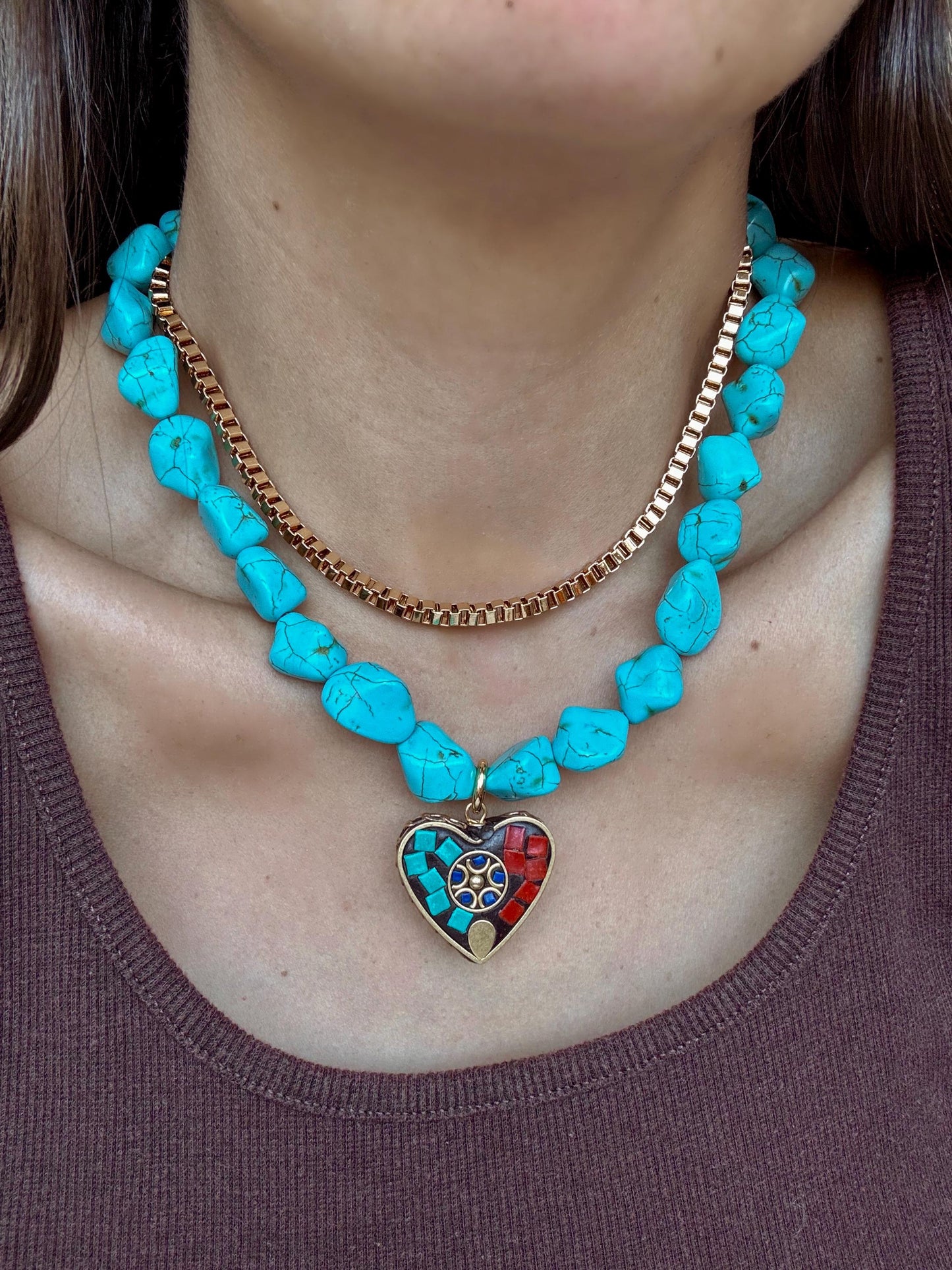 Turquoise Heart Mosaic Necklace | Turquoise Nugget Necklace | Beaded Necklace | Handmade Jewelry | Boho Necklace
