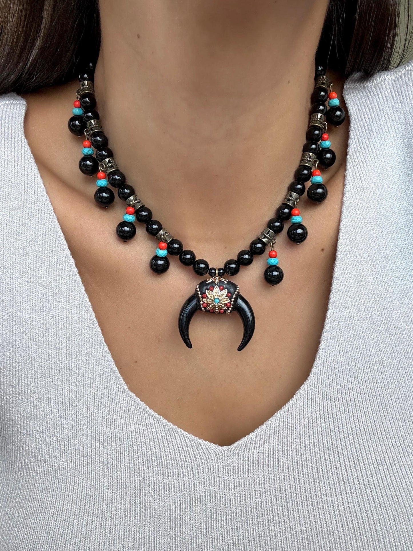 Black Crescent Moon Necklace | Double Horn Necklace | Black Obsidian Beaded Necklace | Bohemian Necklace