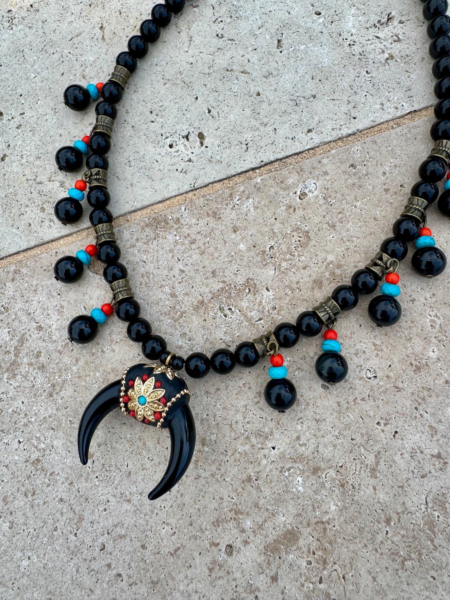 Black Crescent Moon Necklace | Double Horn Necklace | Black Obsidian Beaded Necklace | Bohemian Necklace