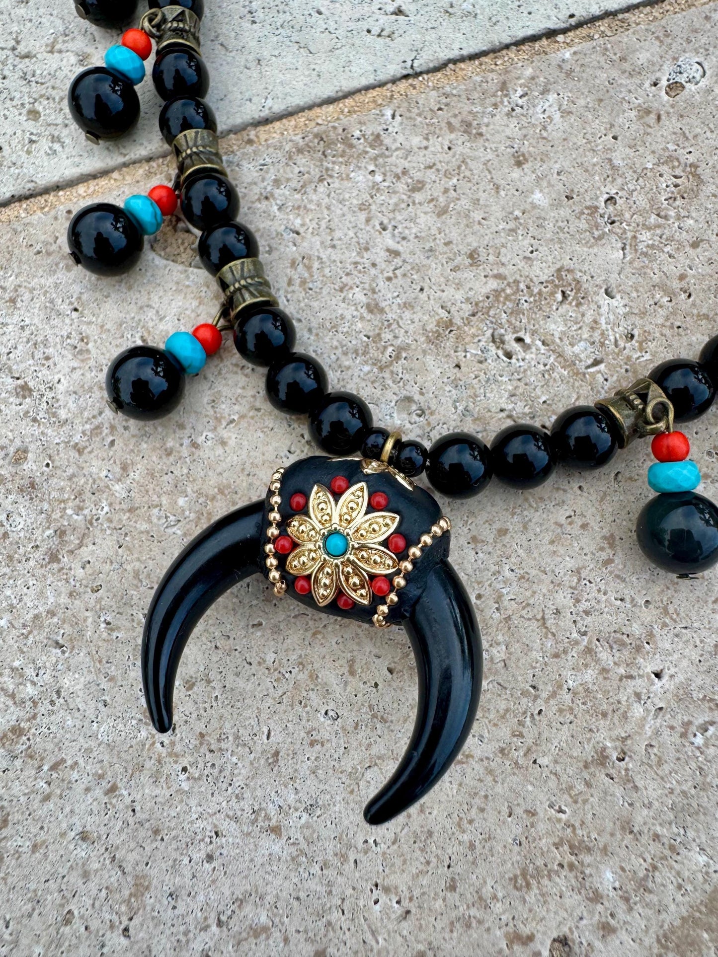 Black Crescent Moon Necklace | Double Horn Necklace | Black Obsidian Beaded Necklace | Bohemian Necklace