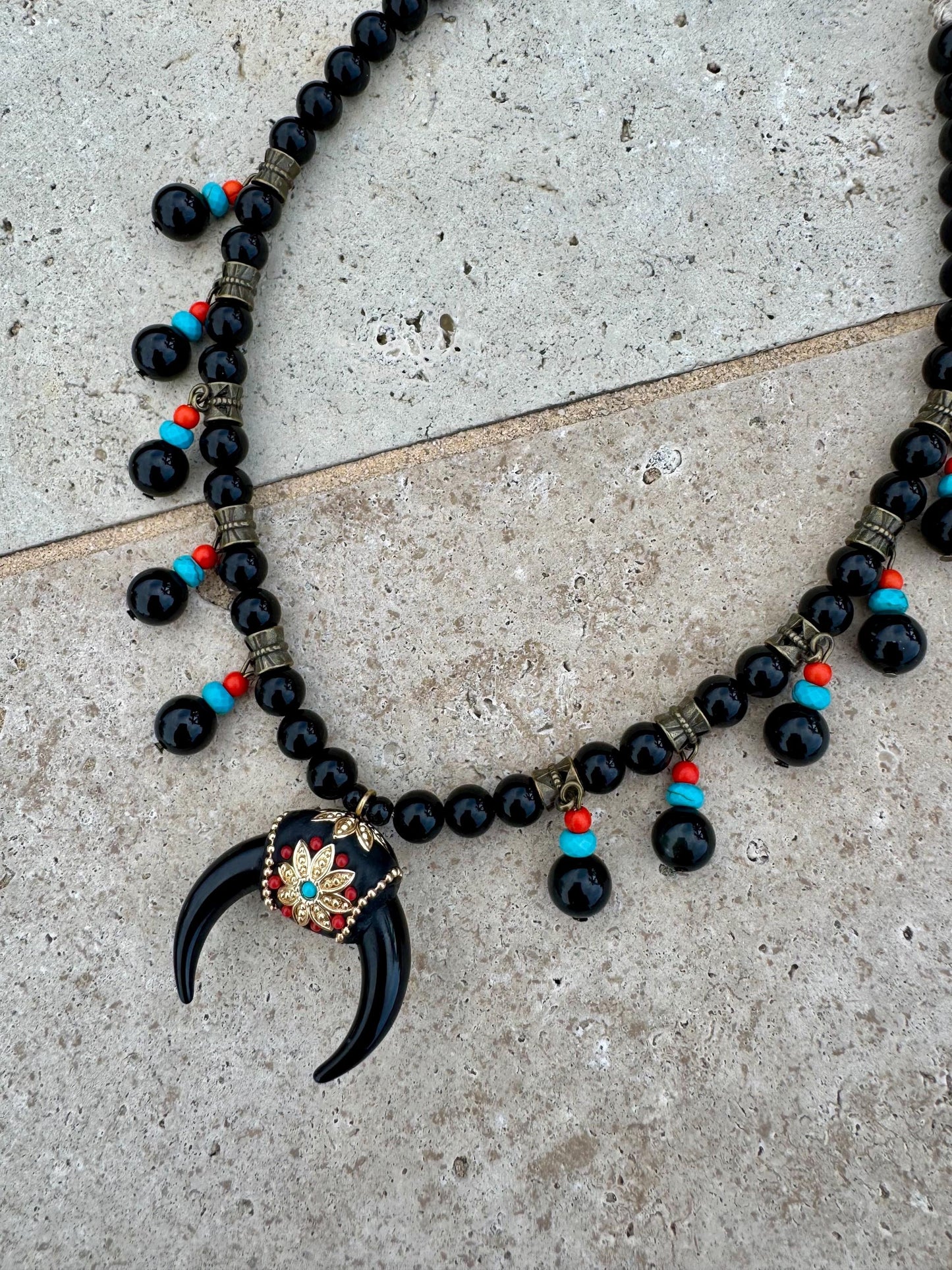 Black Crescent Moon Necklace | Double Horn Necklace | Black Obsidian Beaded Necklace | Bohemian Necklace