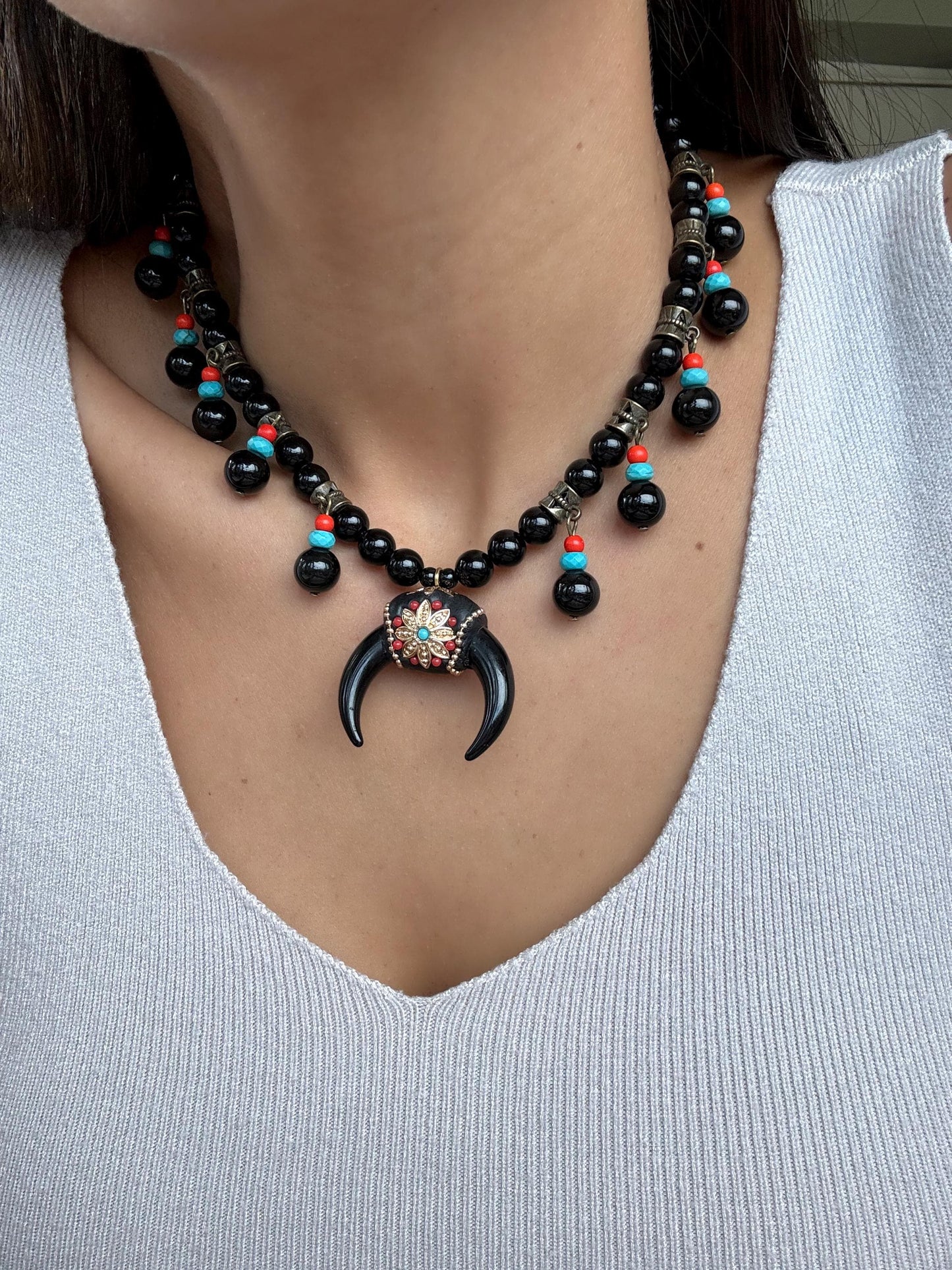 Black Crescent Moon Necklace | Double Horn Necklace | Black Obsidian Beaded Necklace | Bohemian Necklace