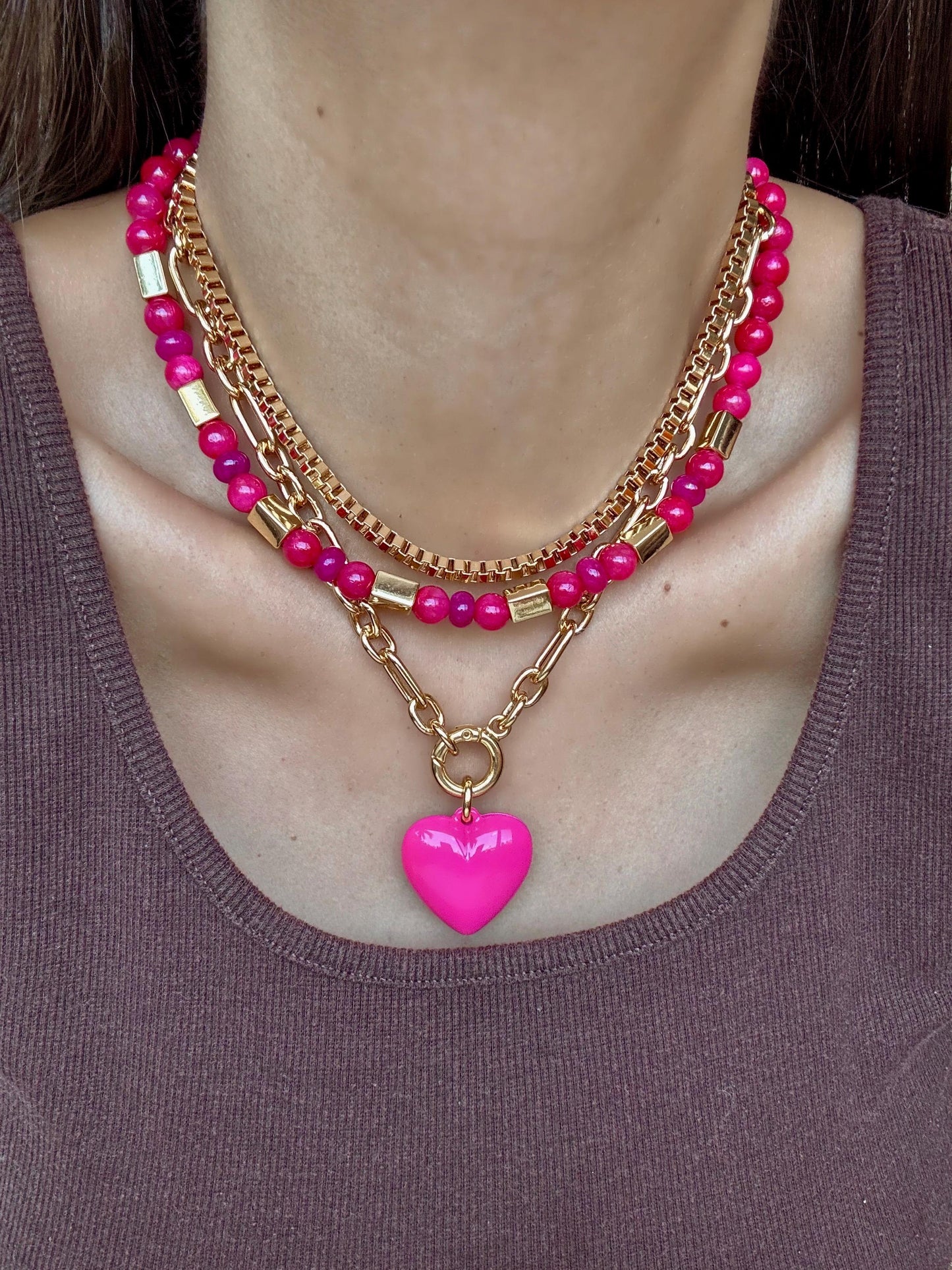 Pink Layered Necklace | Fuchsia Gemstone Necklace | Pink Puffed Heart Charm Necklace | God Boxchain Choker