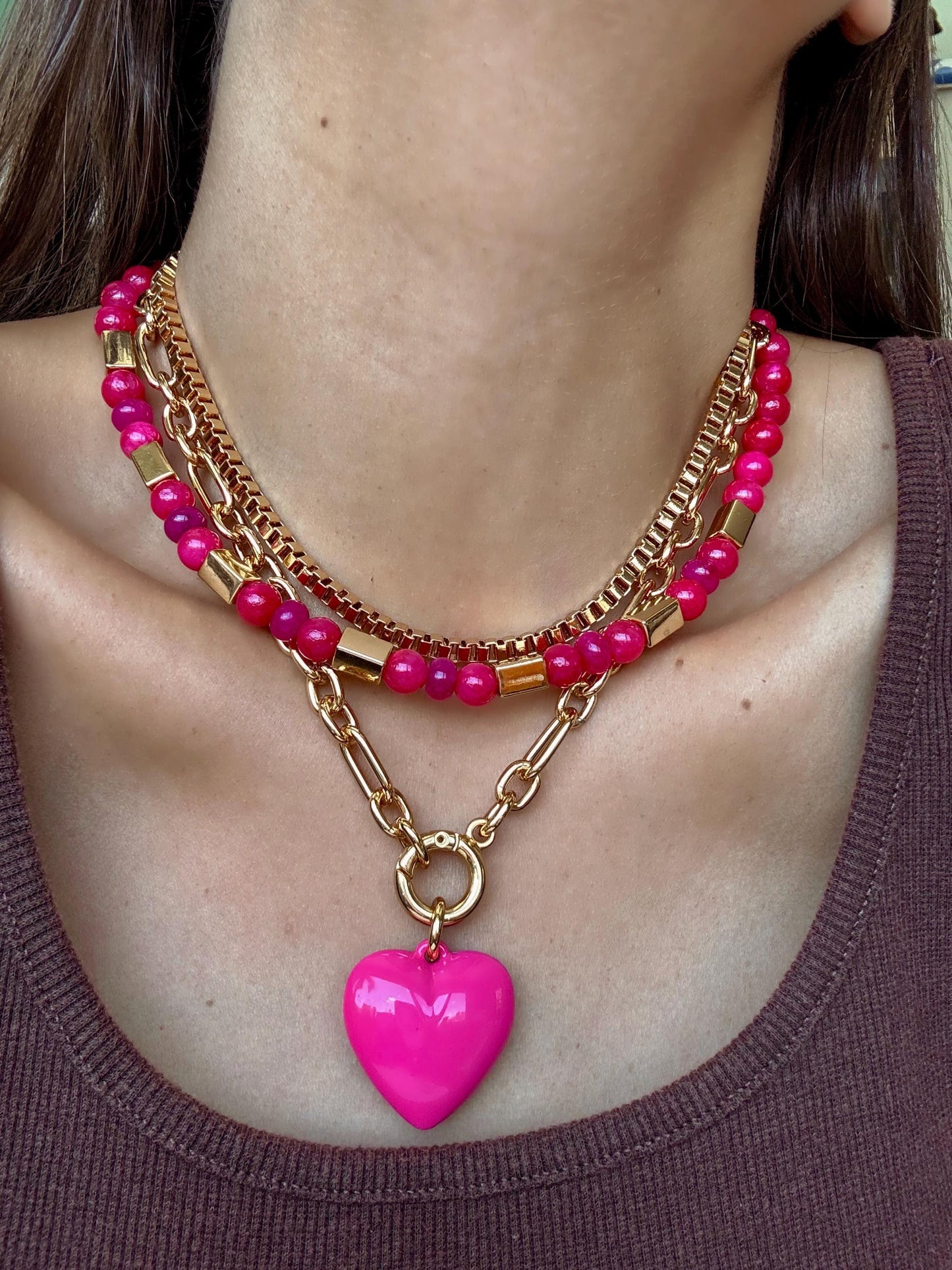 Pink Layered Necklace | Fuchsia Gemstone Necklace | Pink Puffed Heart Charm Necklace | God Boxchain Choker