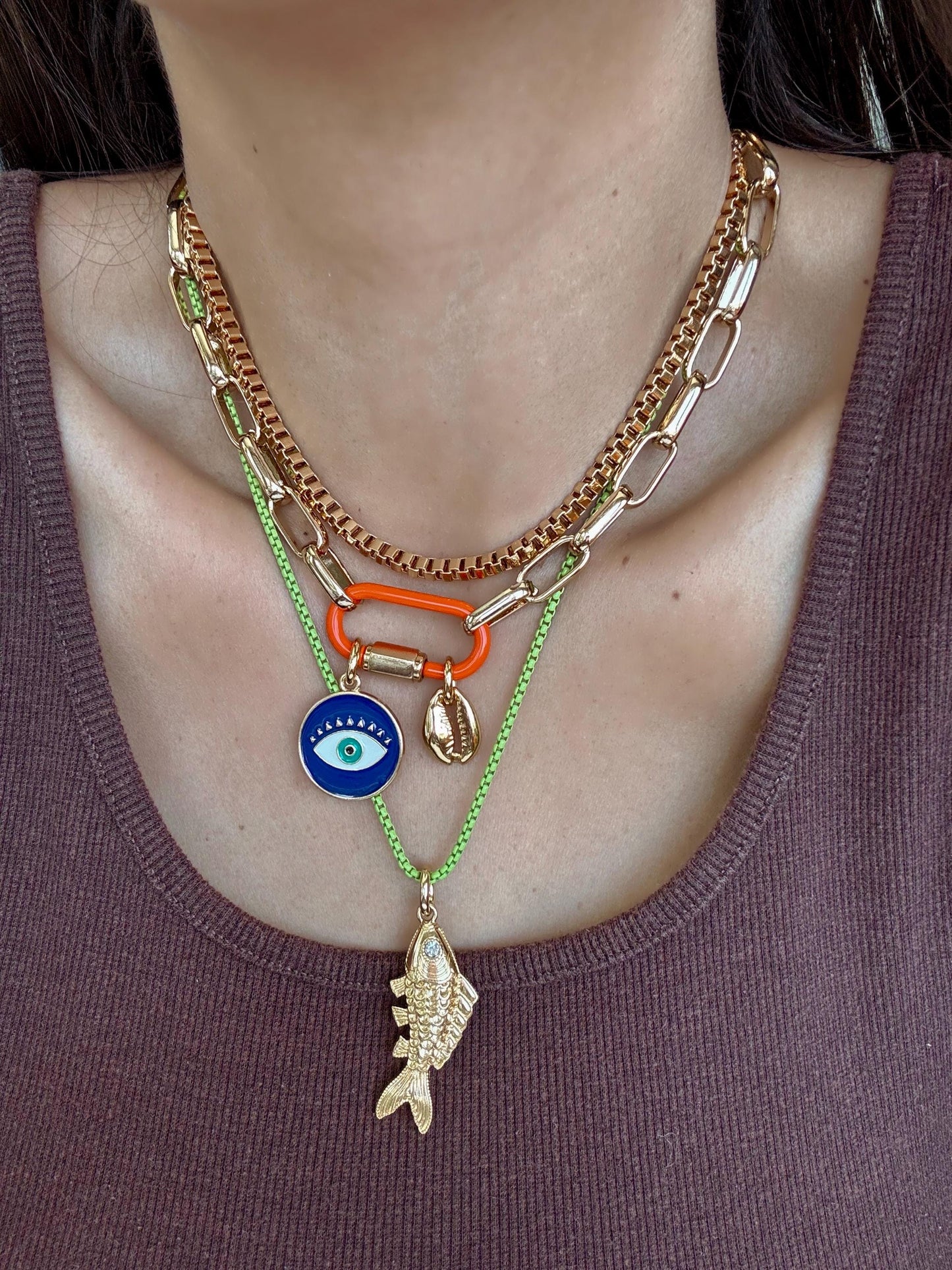 Charm Necklace | Enamel Carabiner Necklace | Gold Fish Charm Necklace | Gold Choker | Layered Necklaces | Gift for Her
