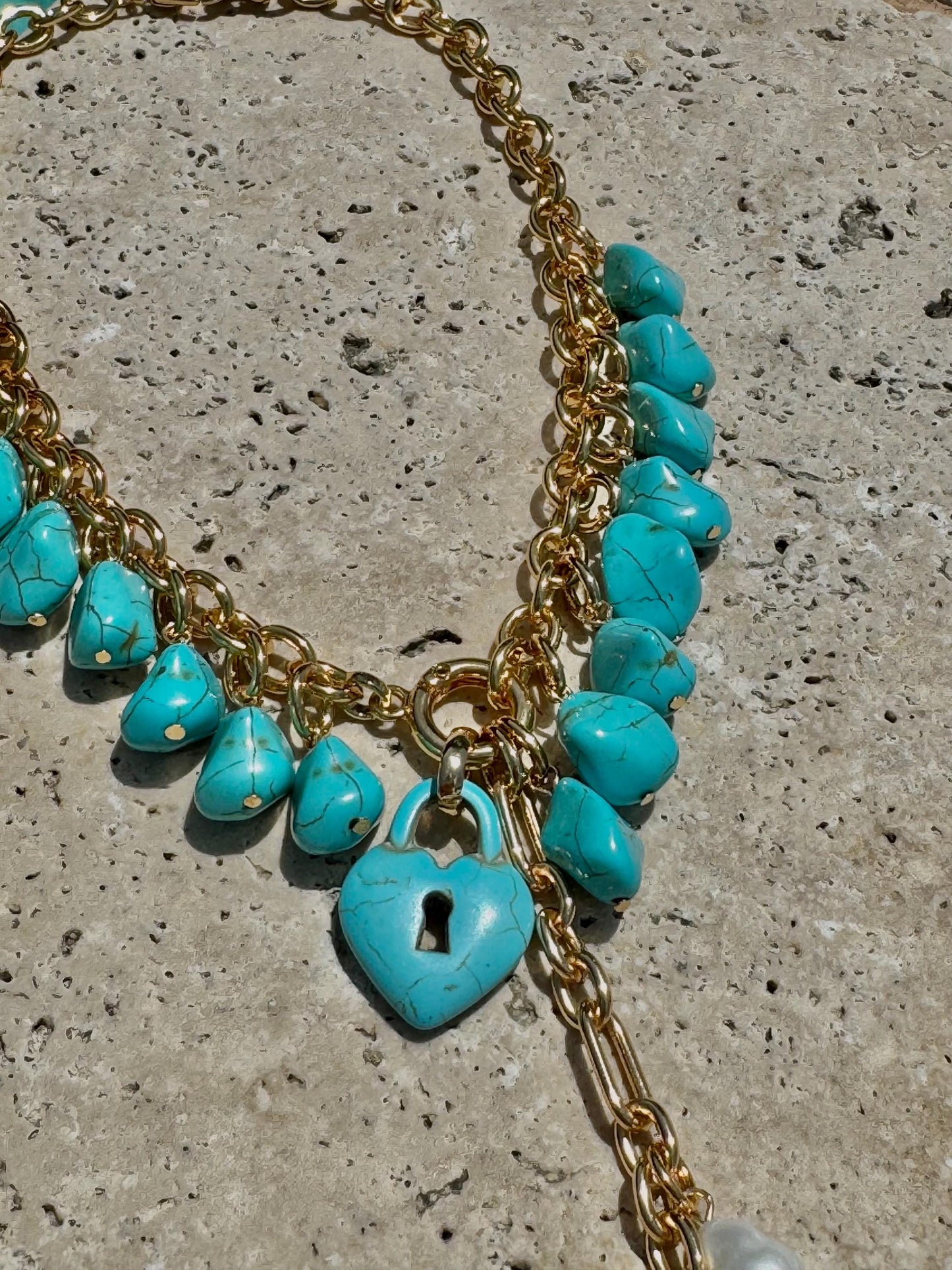 Turquoise Heart Lock Necklace | Convertible Charm Necklace | Link Chain Necklace with Turquoise Nugget Beads | Cluster Charm Necklace