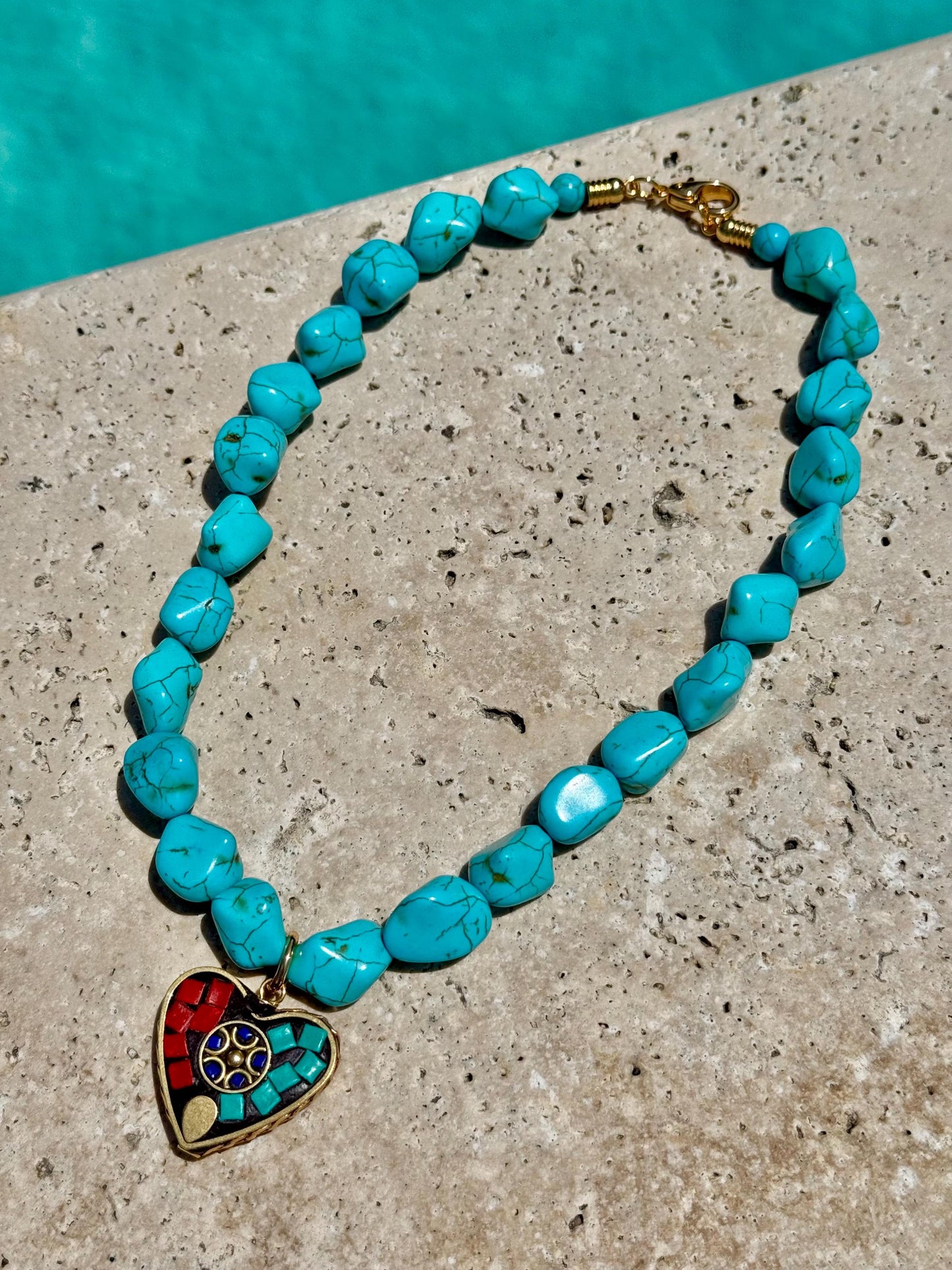 Turquoise Heart Mosaic Necklace | Turquoise Nugget Necklace | Beaded Necklace | Handmade Jewelry | Boho Necklace