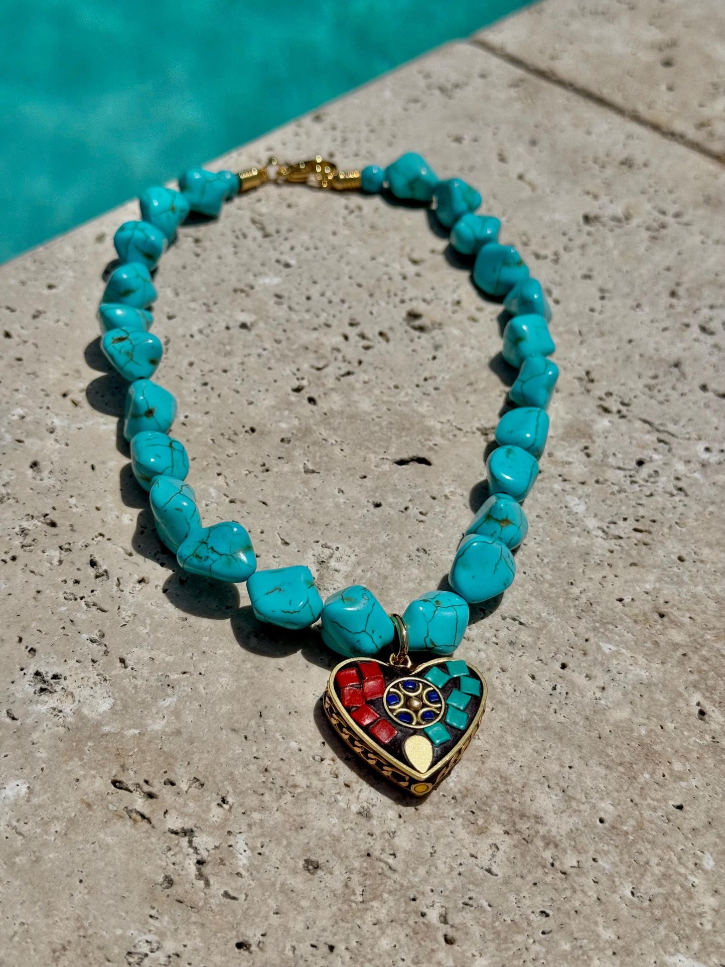 Turquoise Heart Mosaic Necklace | Turquoise Nugget Necklace | Beaded Necklace | Handmade Jewelry | Boho Necklace